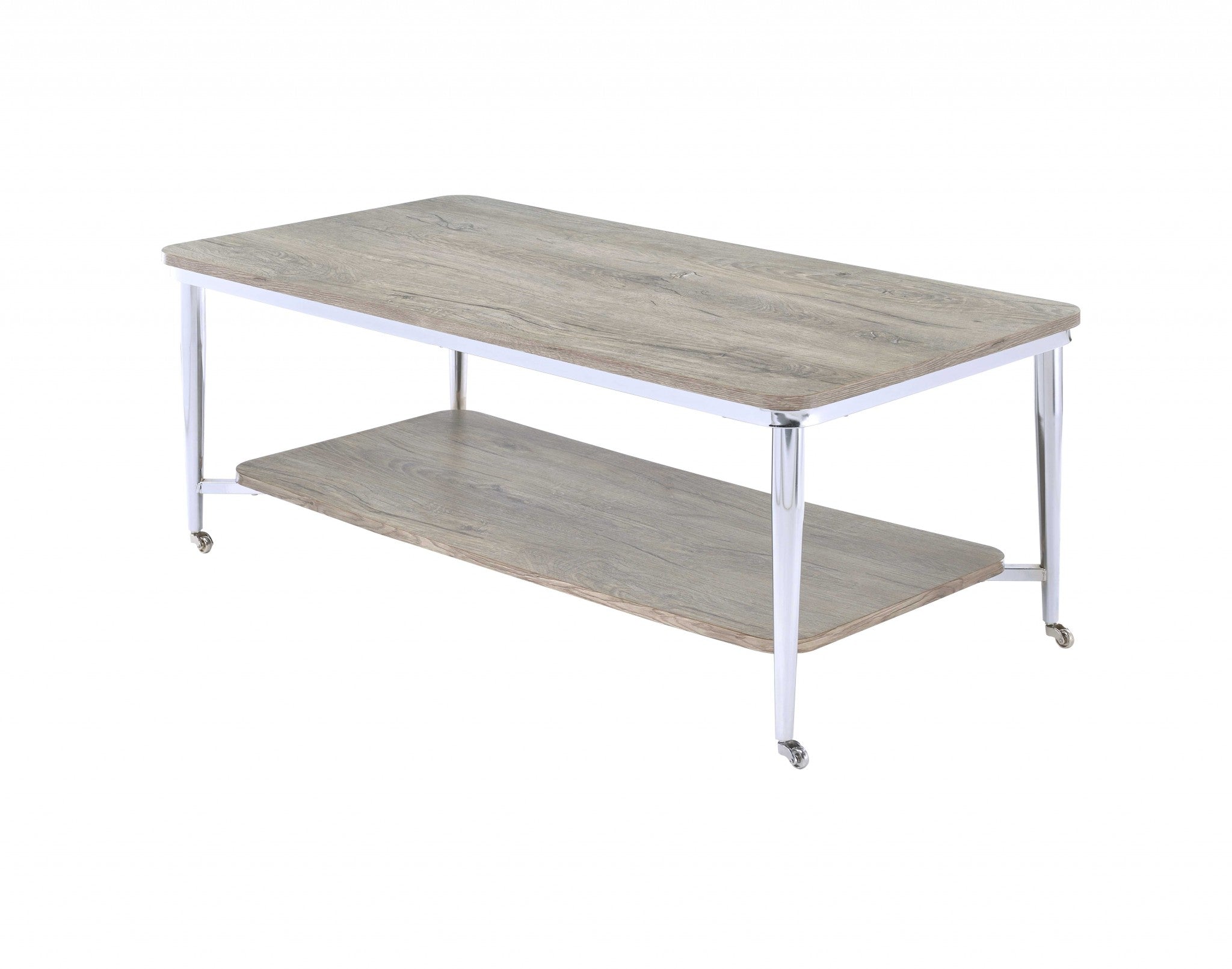 48" X 24" X 19" Gray Oak And Chrome Metal Tube Coffee Table