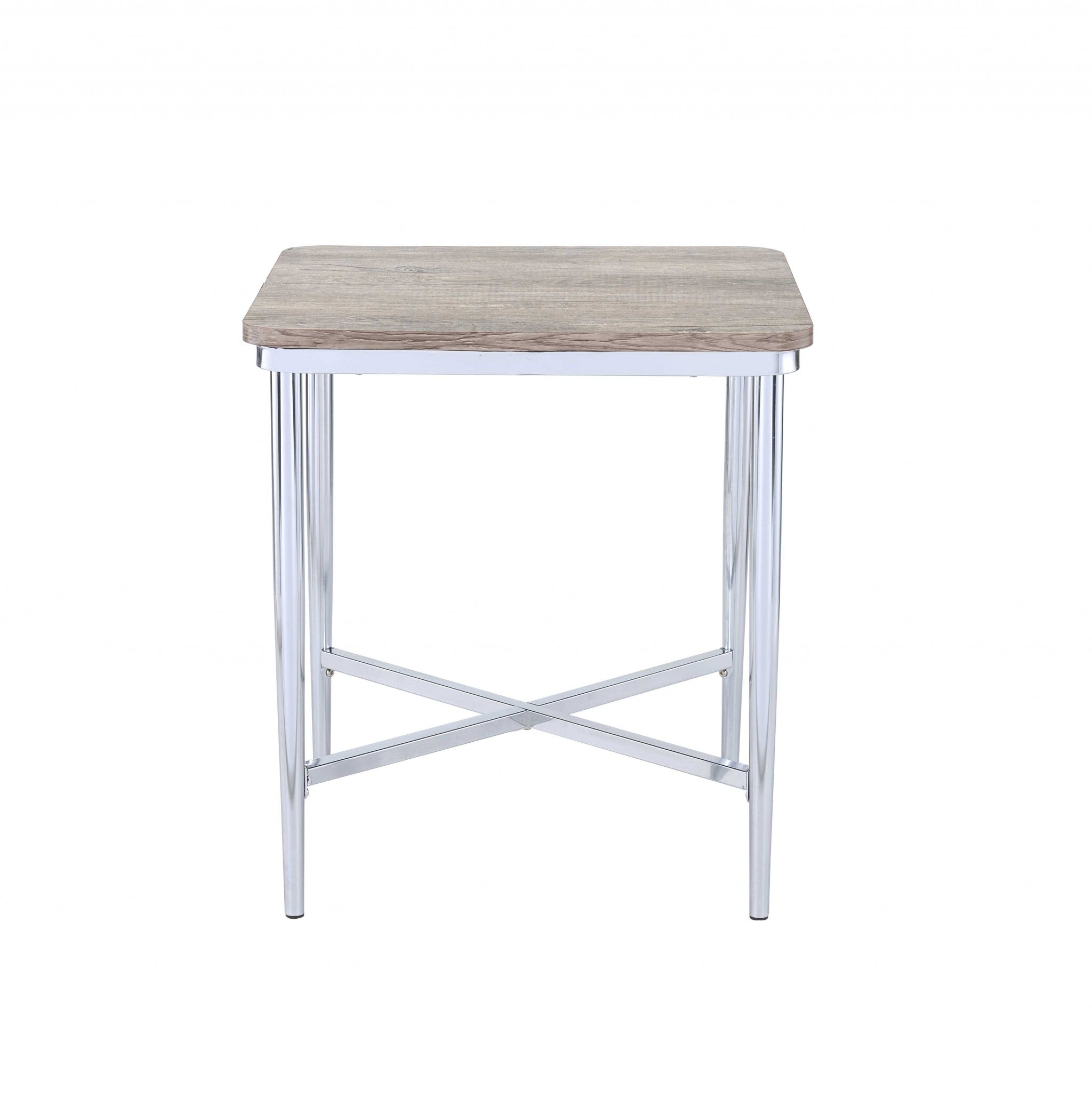 24" X 24" X 24" Gray Oak And Chrome Metal Tube End Table