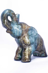 13" X 7" X 12" Turquoise, Copper And Bronze Ceramic Elephhant
