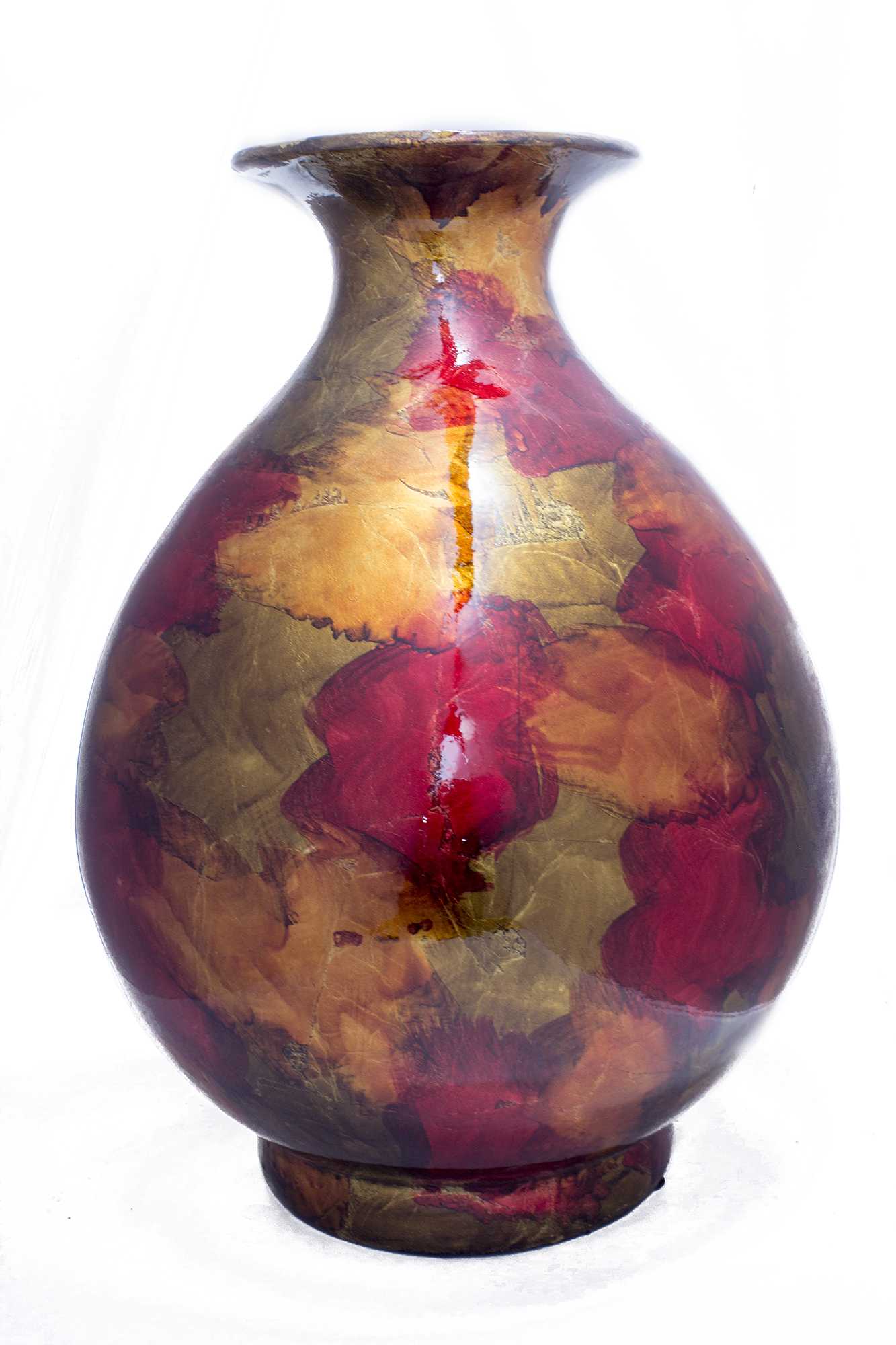 17.5" X 17.5" X 23.5" Copper Red And Gold Ceramic Foiled and Lacquered Ceramic Vase