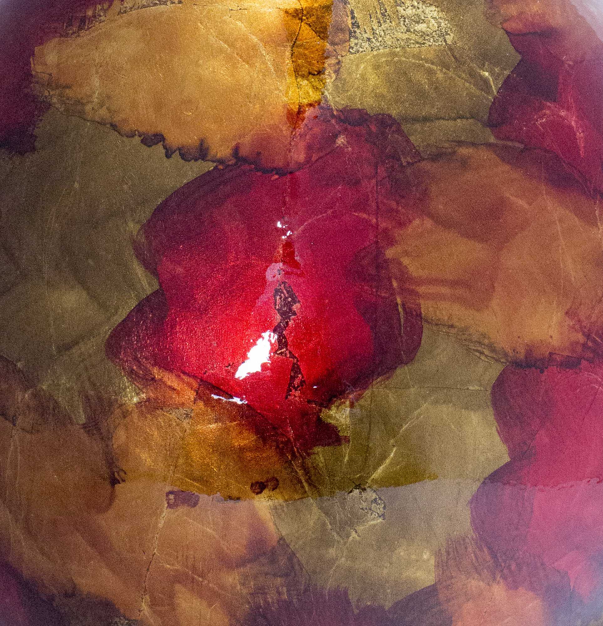 17.5" X 17.5" X 23.5" Copper Red And Gold Ceramic Foiled and Lacquered Ceramic Vase