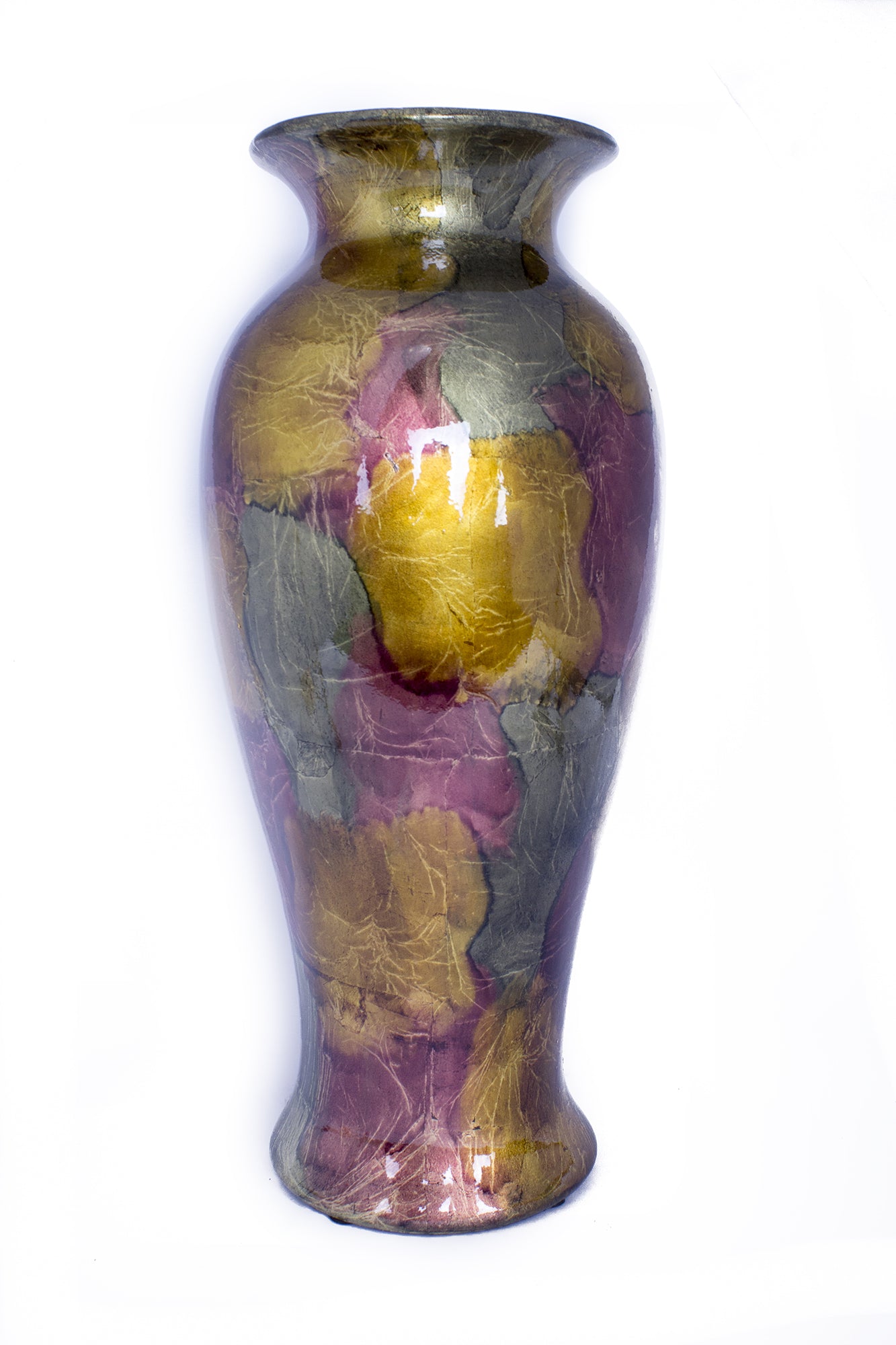 12.75" X 12.75" X 30.75" Burgundy Copper And Brown Ceramic Foiled and Lacquered Ceramic Vase