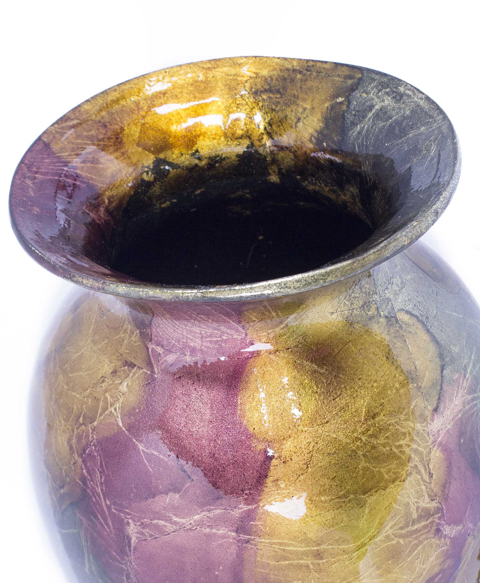 12.75" X 12.75" X 30.75" Burgundy Copper And Brown Ceramic Foiled and Lacquered Ceramic Vase