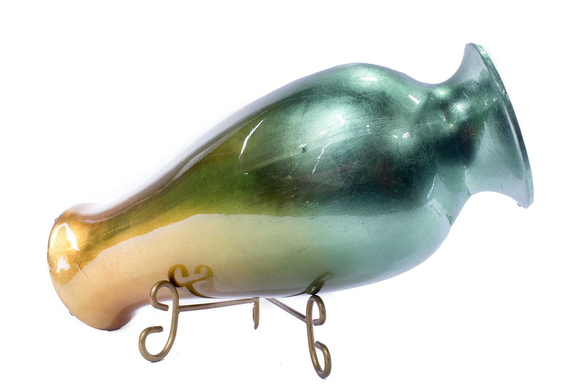 12.75" X 12.75" X 30.75" Turquoise And Gold Ceramic Ombre Lacquered Ceramic Vase