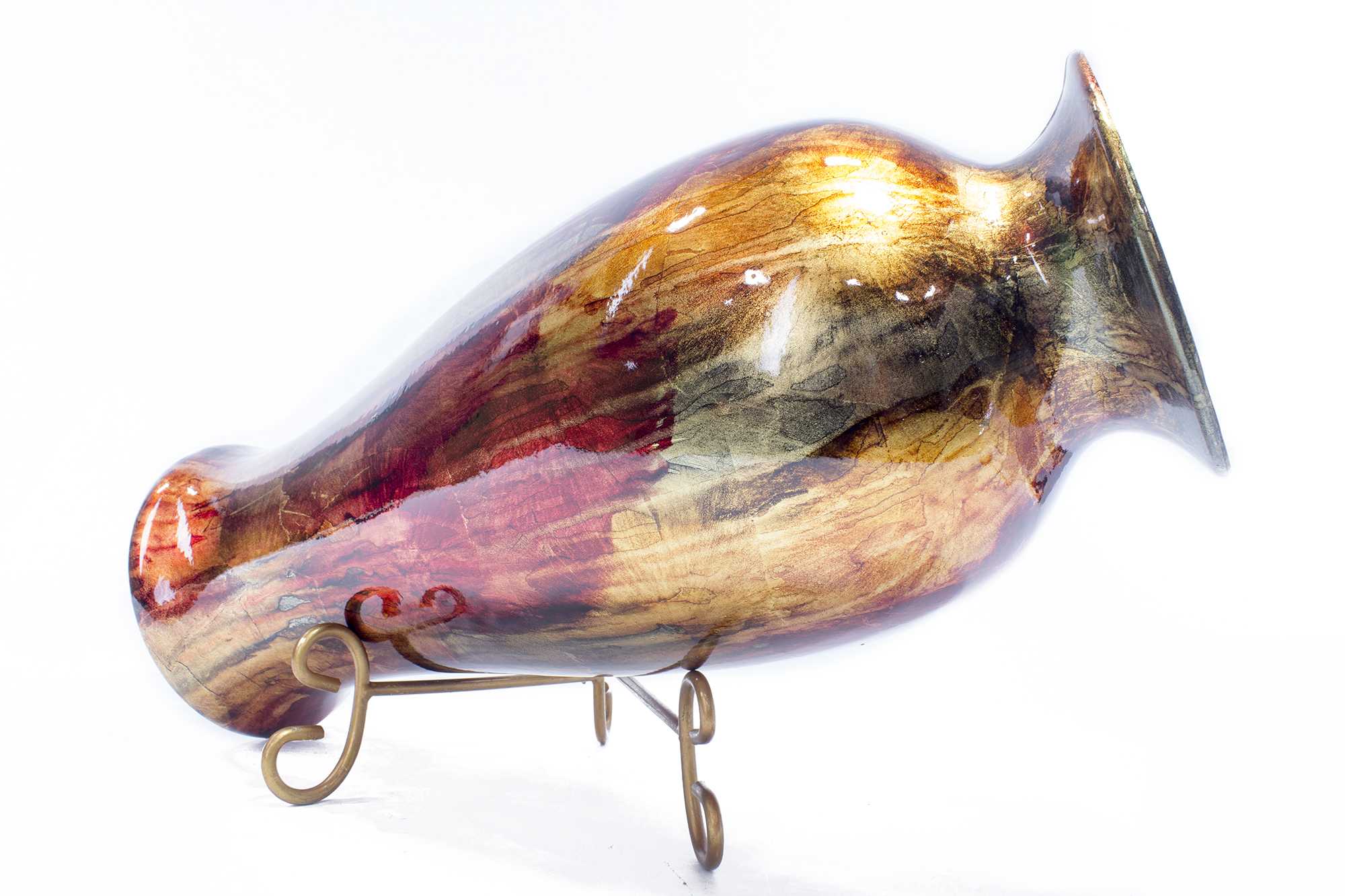 12.75" X 12.75" X 30.75" Red Copper And Brown Ceramic Foiled and Lacquered Ceramic Vase