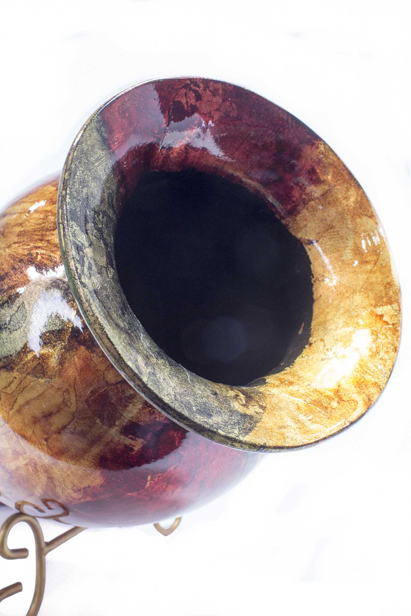 12.75" X 12.75" X 30.75" Red Copper And Brown Ceramic Foiled and Lacquered Ceramic Vase