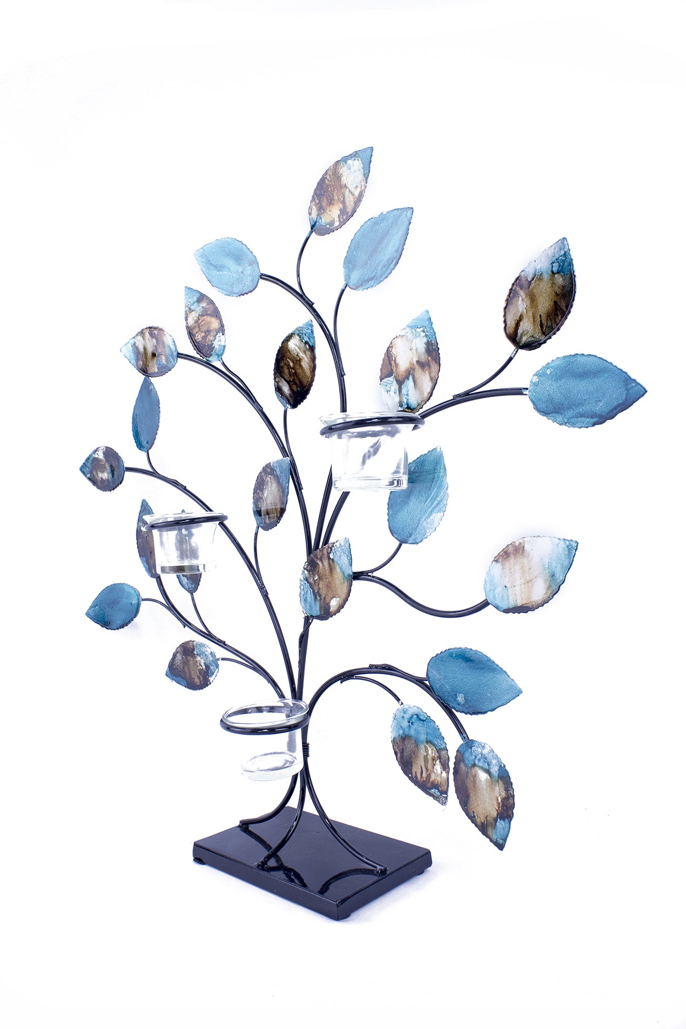 Turquoise Copper and Bronze Metal Leaves Votive Holder
