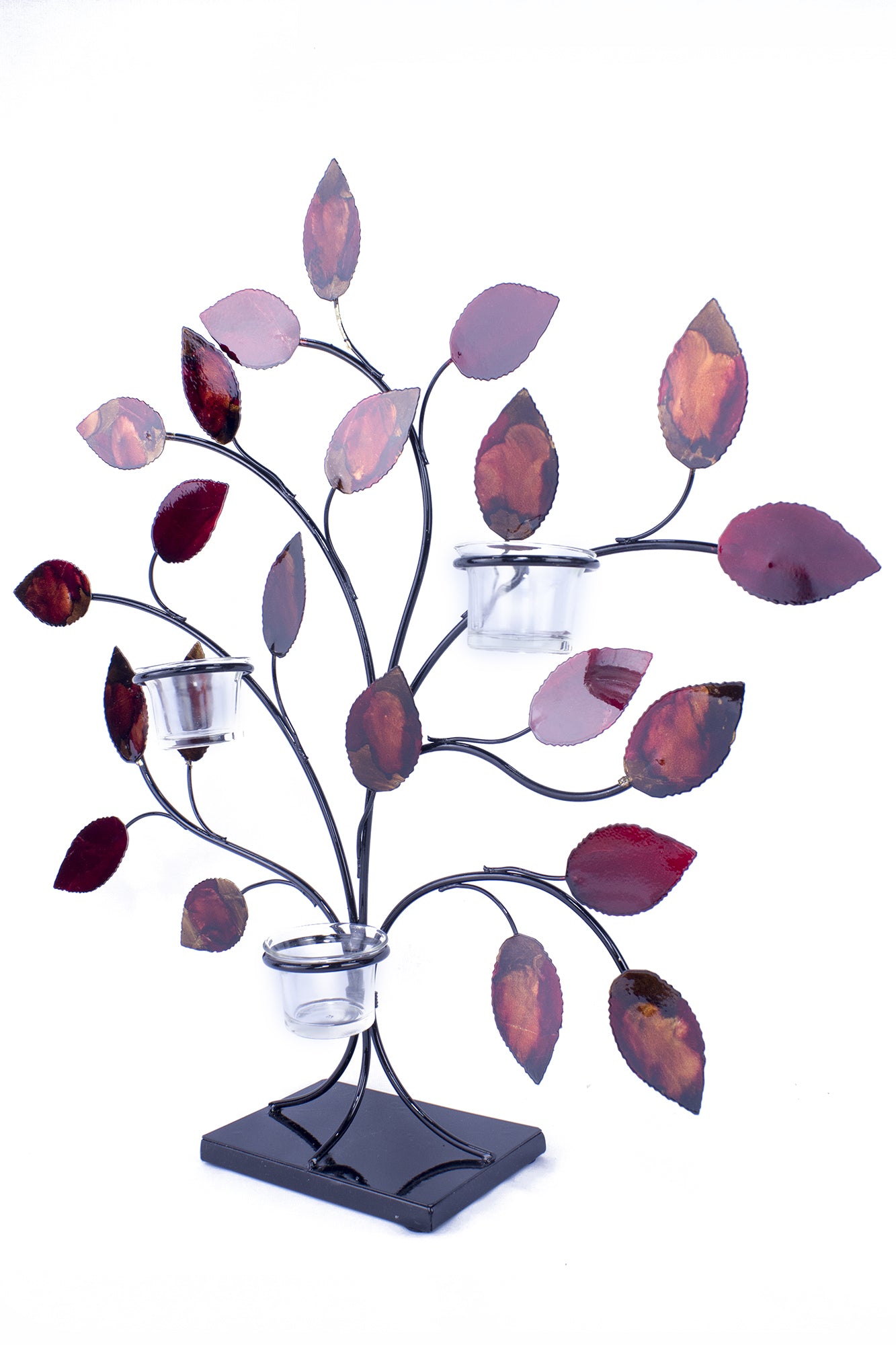 Copper Red And Gold Metal Foil And Lacquer Leaves Votive Holder