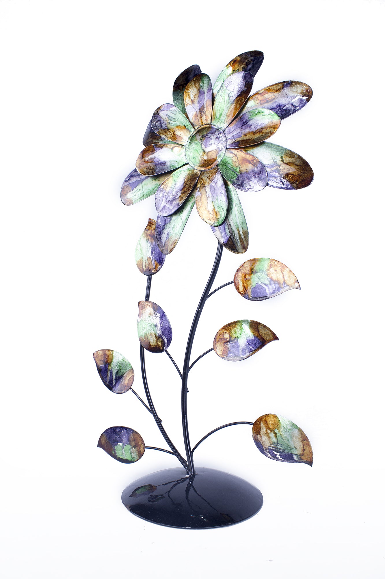 Bo Green Blue and Copper Metal Flower Table Top Sculpture