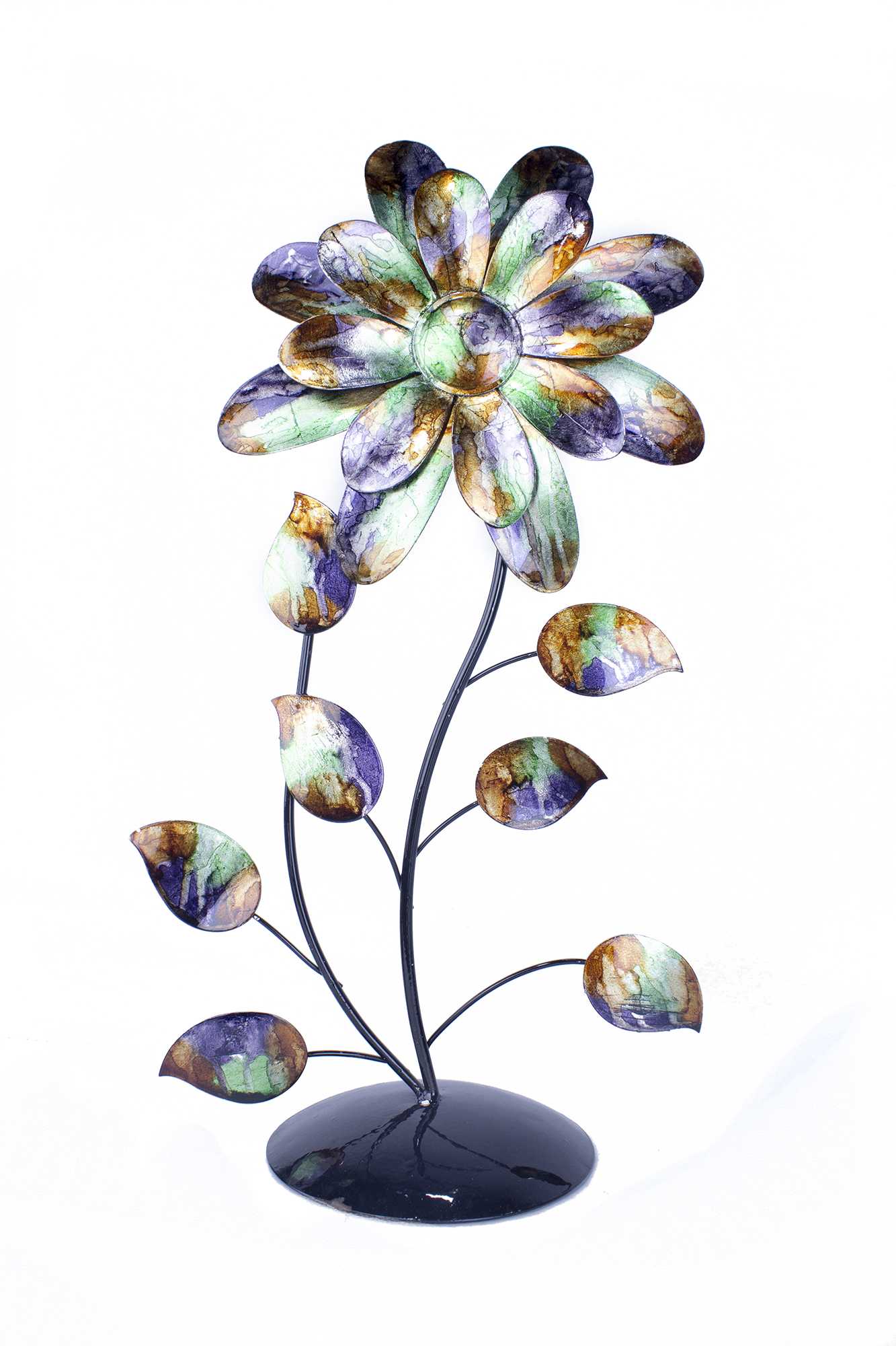 Bo Green Blue and Copper Metal Flower Table Top Sculpture