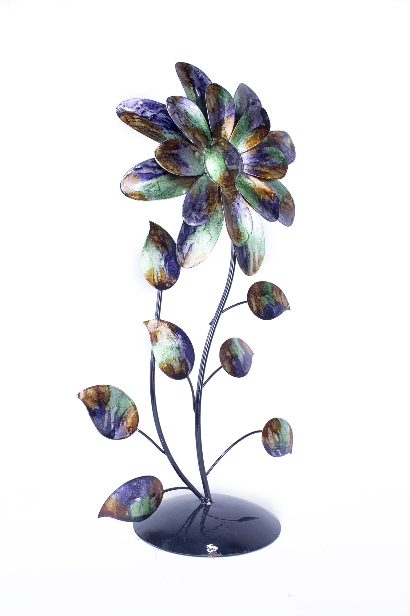 Bo Green Blue and Copper Metal Flower Table Top Sculpture