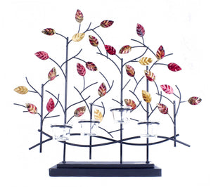 22.5" X 5" X 25.5" Copper Red And Gold Metal Tree Foiled And Lacquered Votive Holder