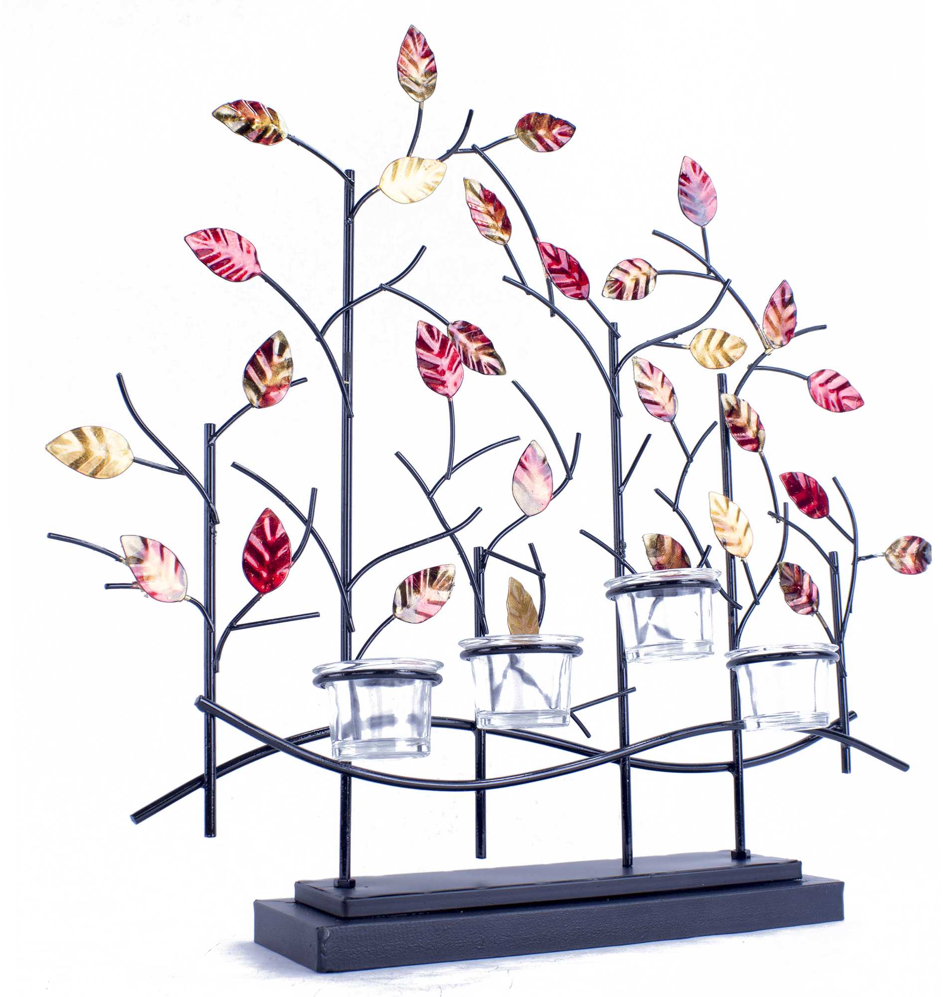 22.5" X 5" X 25.5" Copper Red And Gold Metal Tree Foiled And Lacquered Votive Holder