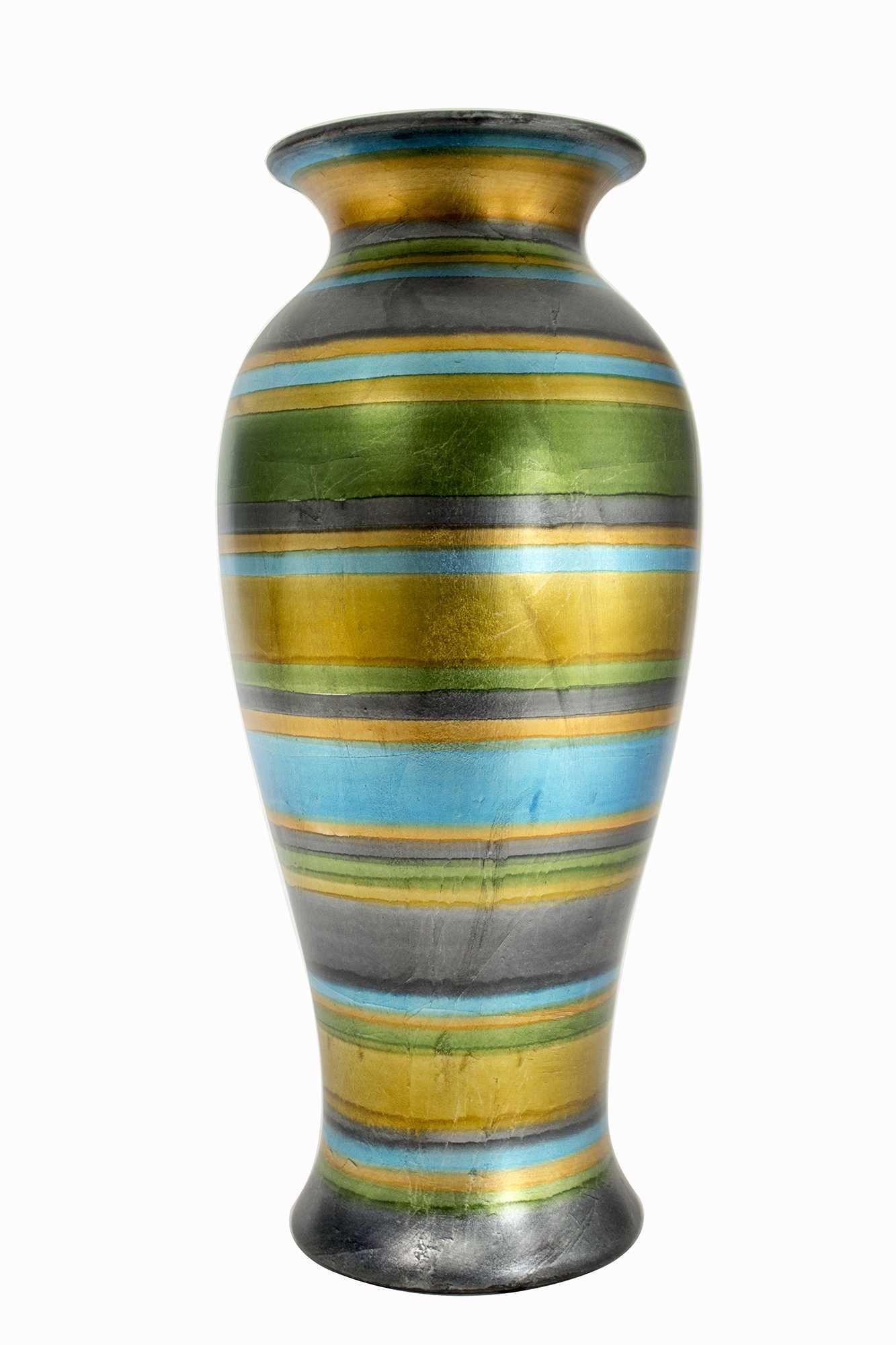 13" X 13" X 26" Blue, Green, Gold, Copper And Pewter Ceramic  Ceramic Vase