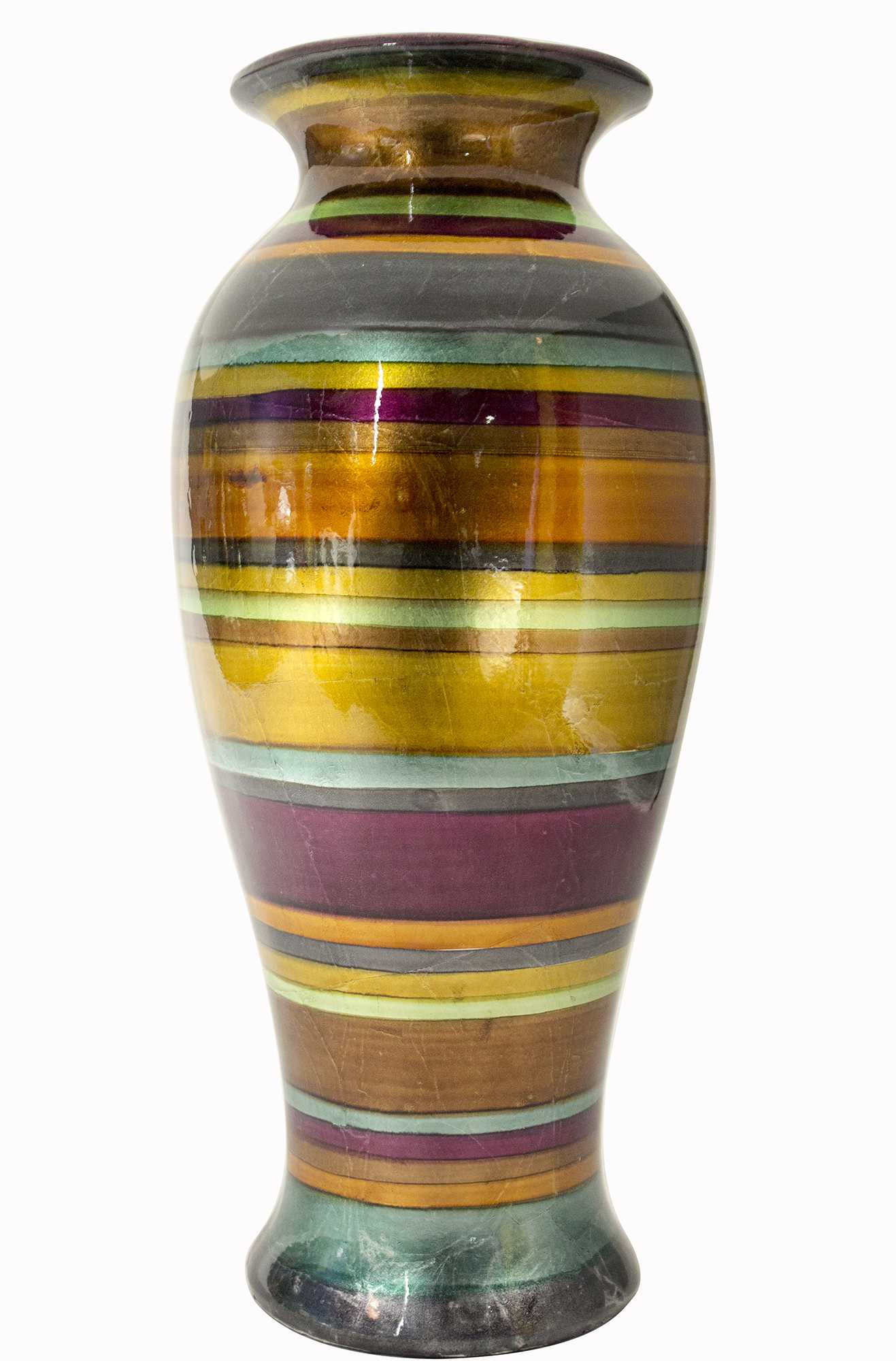 13" X 13" X 26" Eggplant, Bronze, Gold, Green, Copper And Pewter Ceramic  Ceramic Vase