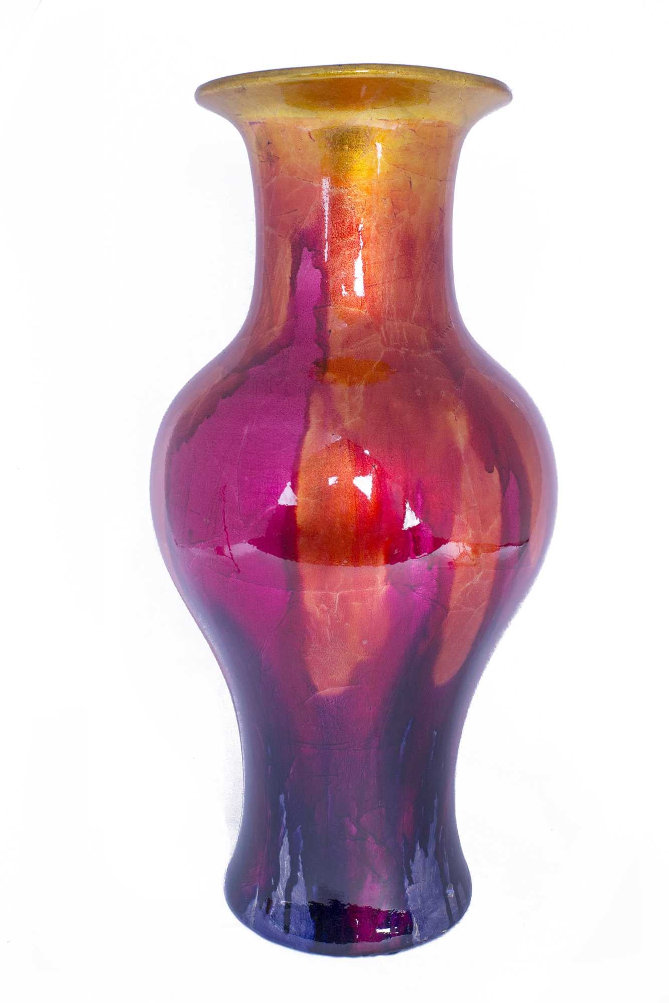 13" X 13" X 25" Yellow, Orange, Pink And Purple Ceramic  Foiled & Lacquered Ceramic Vase