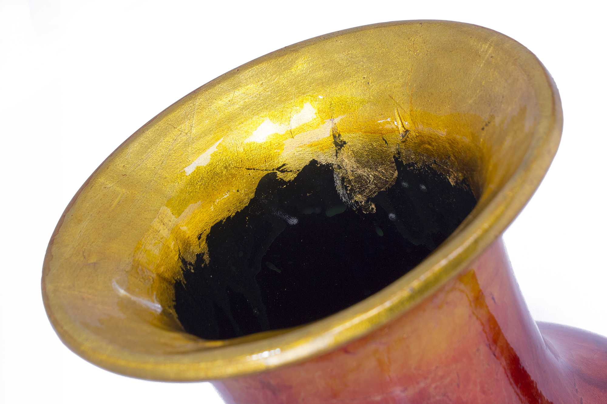 13" X 13" X 25" Yellow, Orange, Pink And Purple Ceramic  Foiled & Lacquered Ceramic Vase