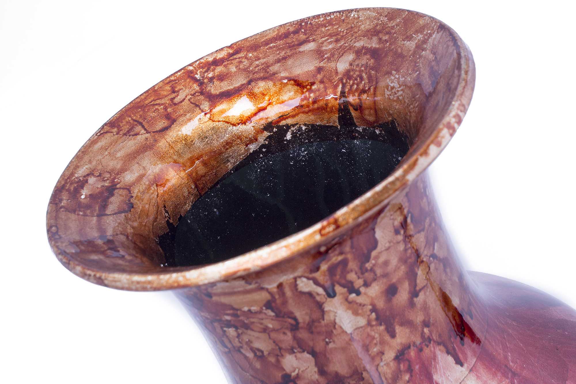 13" X 13" X 25" Brown, Red And Gray Ceramic  Foiled & Lacquered Ceramic Vase