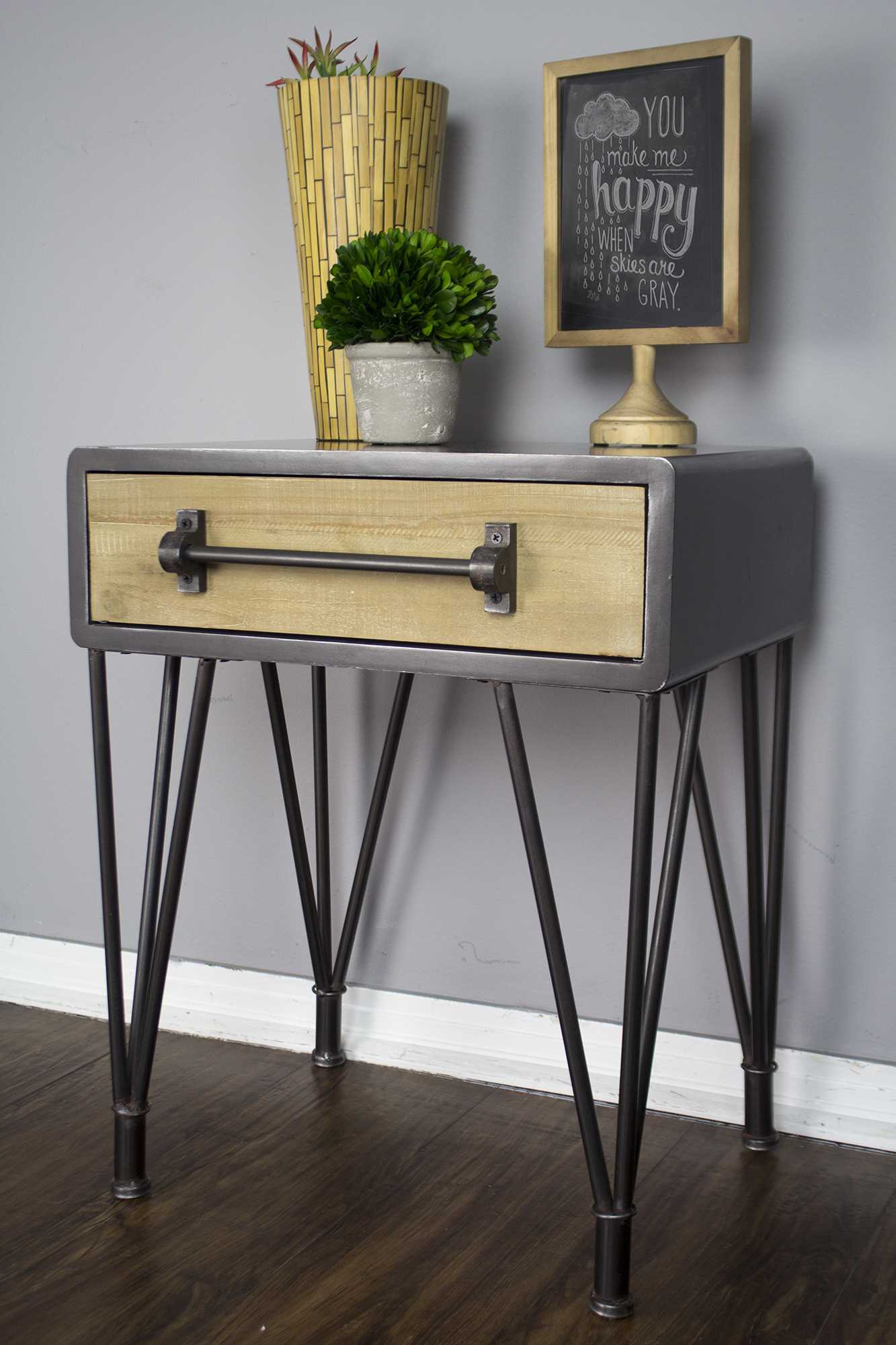22" X 9" X 24" Charcoal And Natural Wood Iron  Wood  MDF End Table with a Drawer