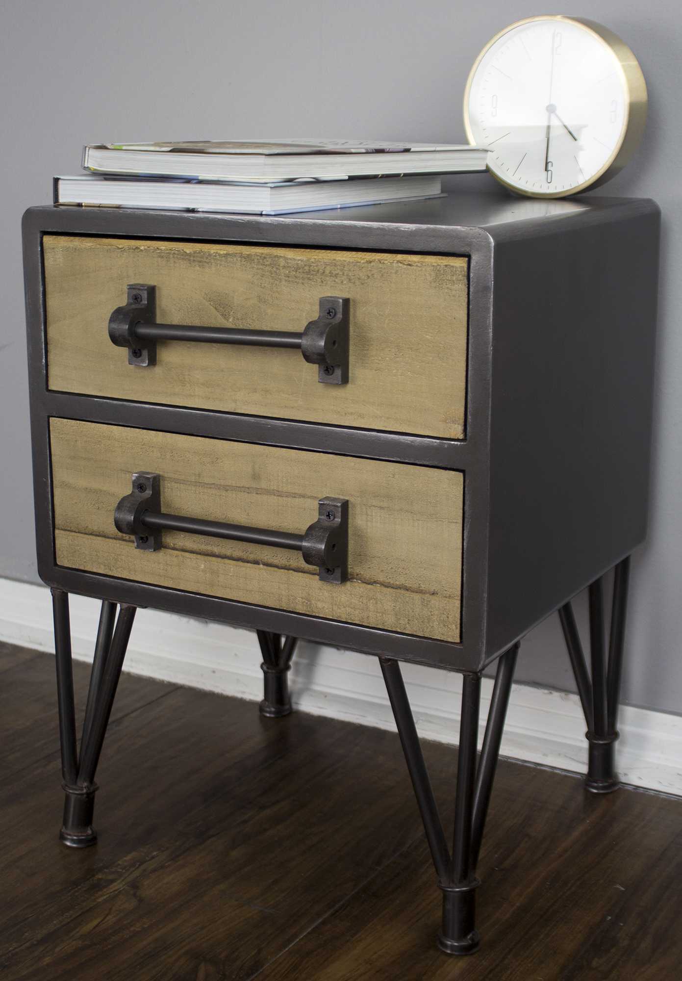 18" X 18" X 15" Charcoal And Natural Wood Iron  Wood  MDF End Table with  Drawers