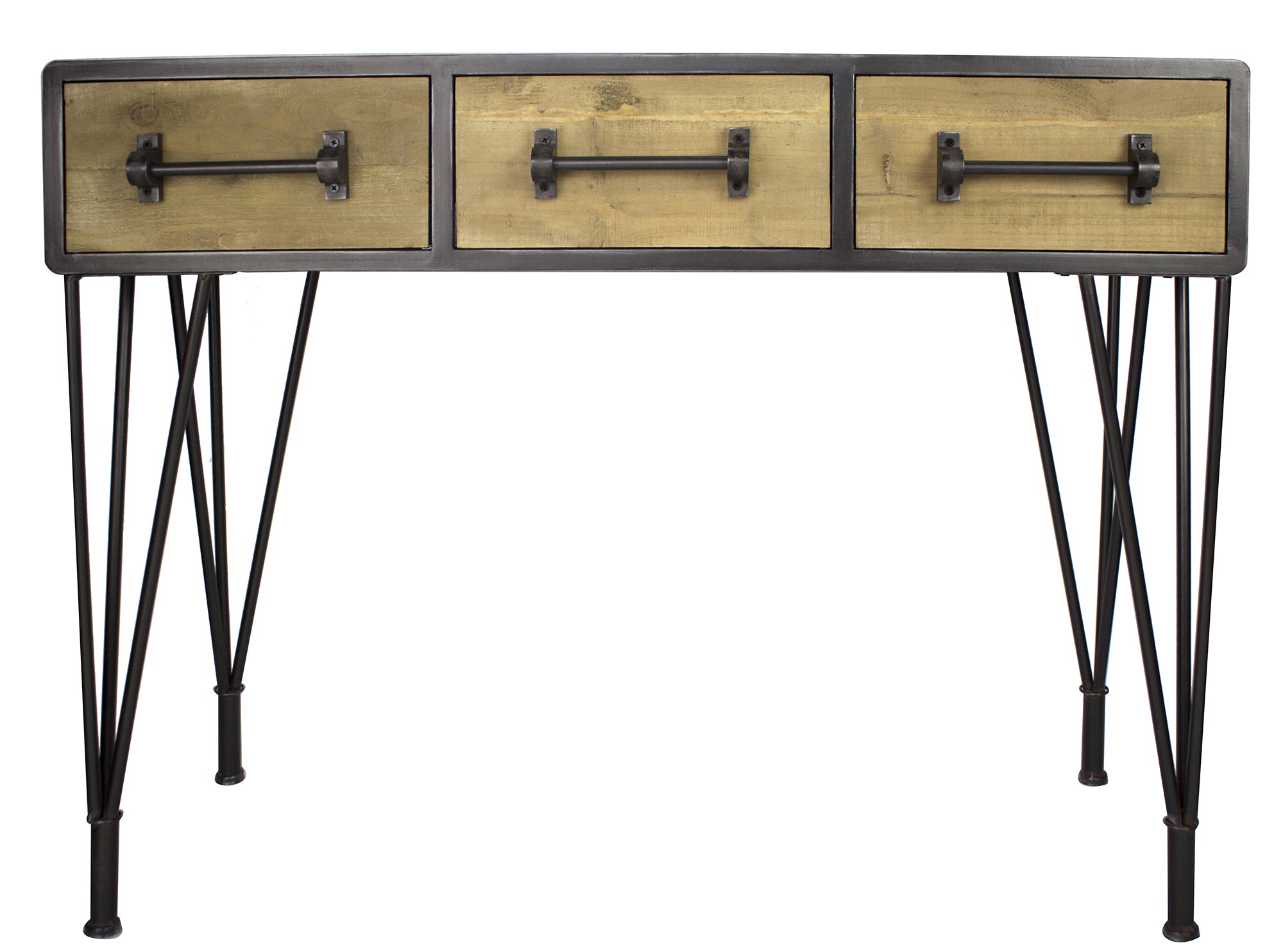 44" X 11" X 26" Charcoal And Natural Wood Iron  Wood  MDF Console Table with  Drawers