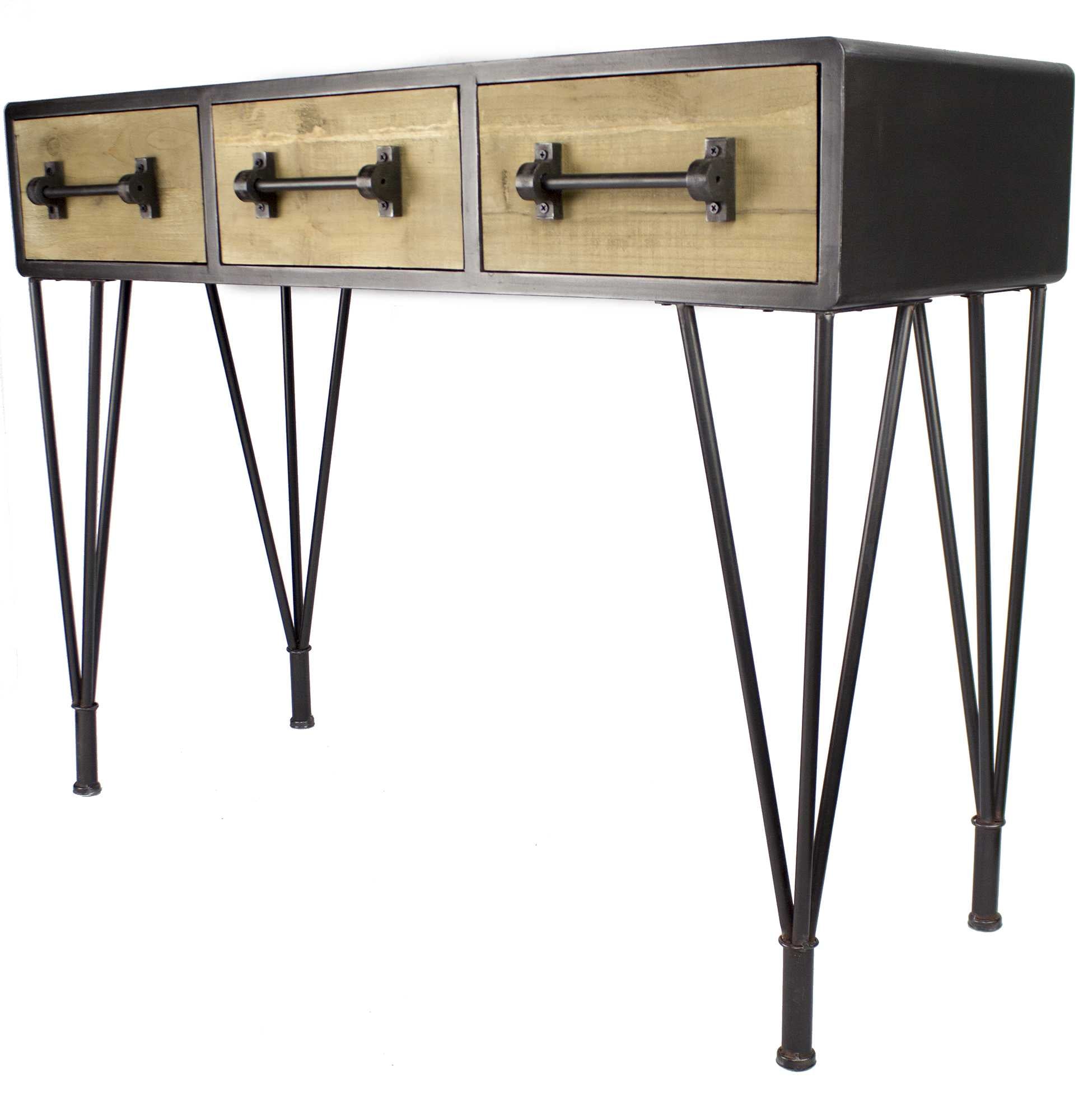 44" X 11" X 26" Charcoal And Natural Wood Iron  Wood  MDF Console Table with  Drawers