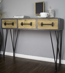 44" X 11" X 26" Charcoal And Natural Wood Iron  Wood  MDF Console Table with  Drawers