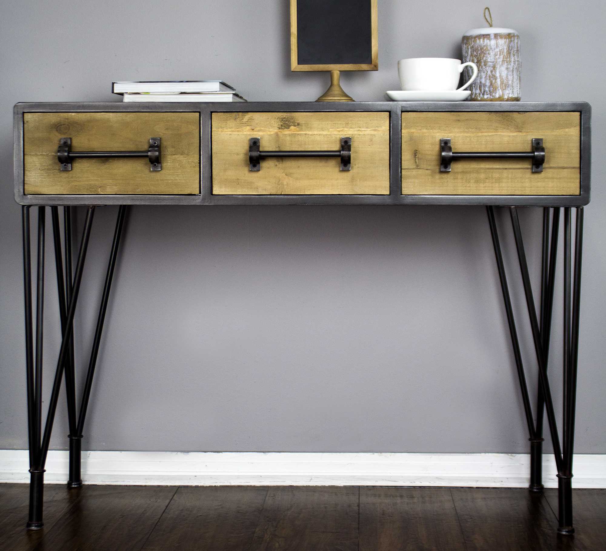 44" X 11" X 26" Charcoal And Natural Wood Iron  Wood  MDF Console Table with  Drawers
