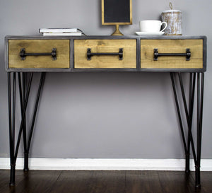 44" X 11" X 26" Charcoal And Natural Wood Iron  Wood  MDF Console Table with  Drawers
