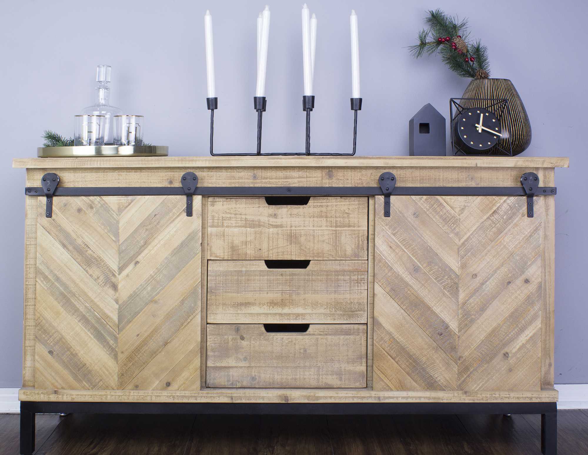58" X 18" X 33" Natural Wood Iron  Wood  MDF Buffet Cabinet with  Doors and  Drawers