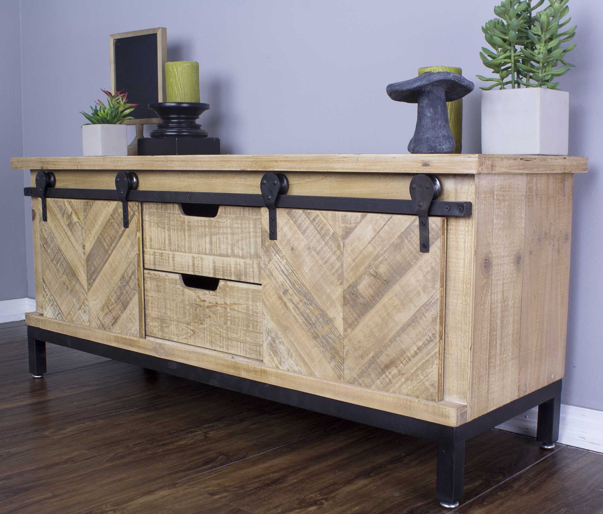 Natural Wood TV Stand with  Doors and  Drawers