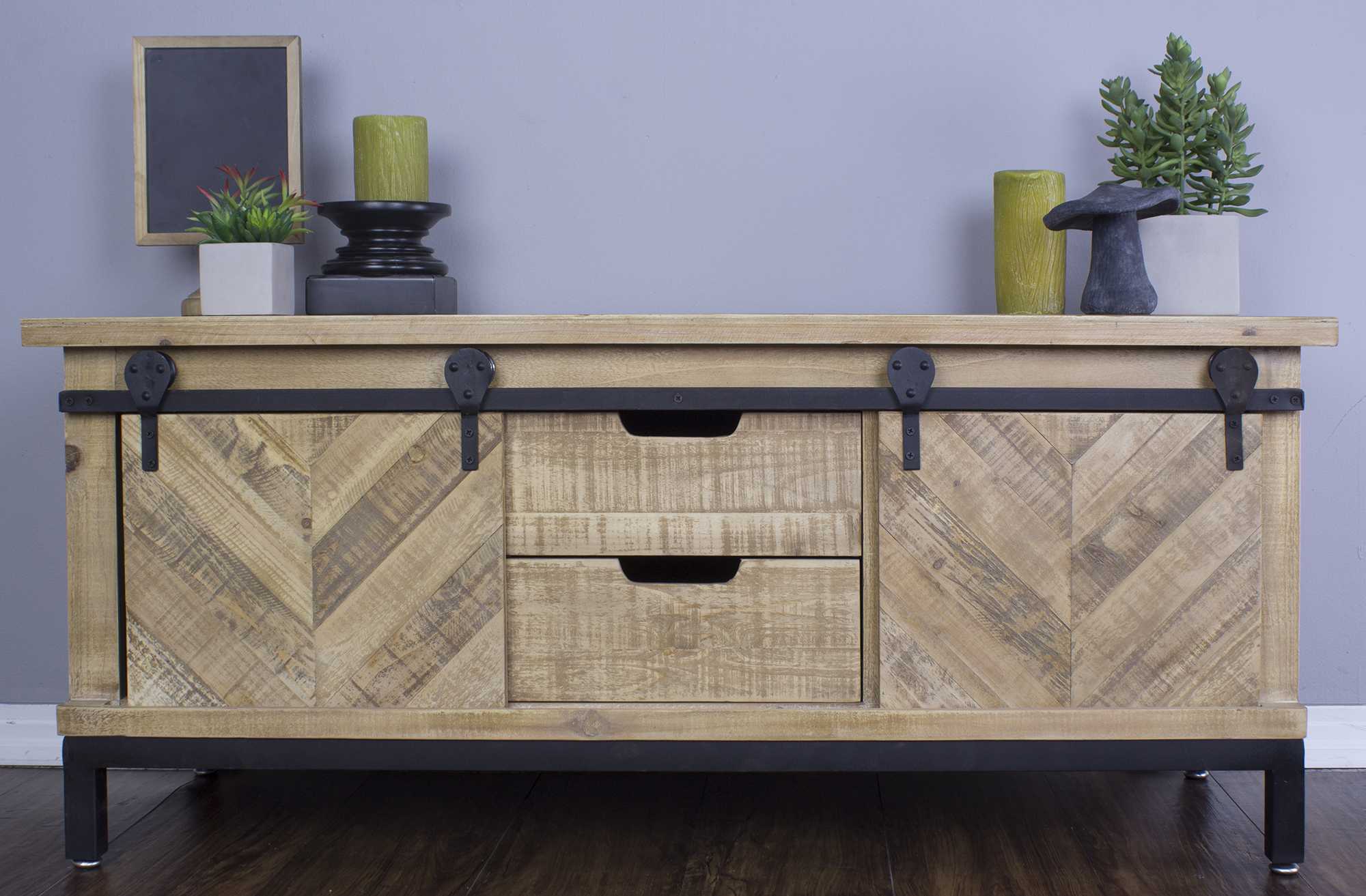 Natural Wood TV Stand with  Doors and  Drawers
