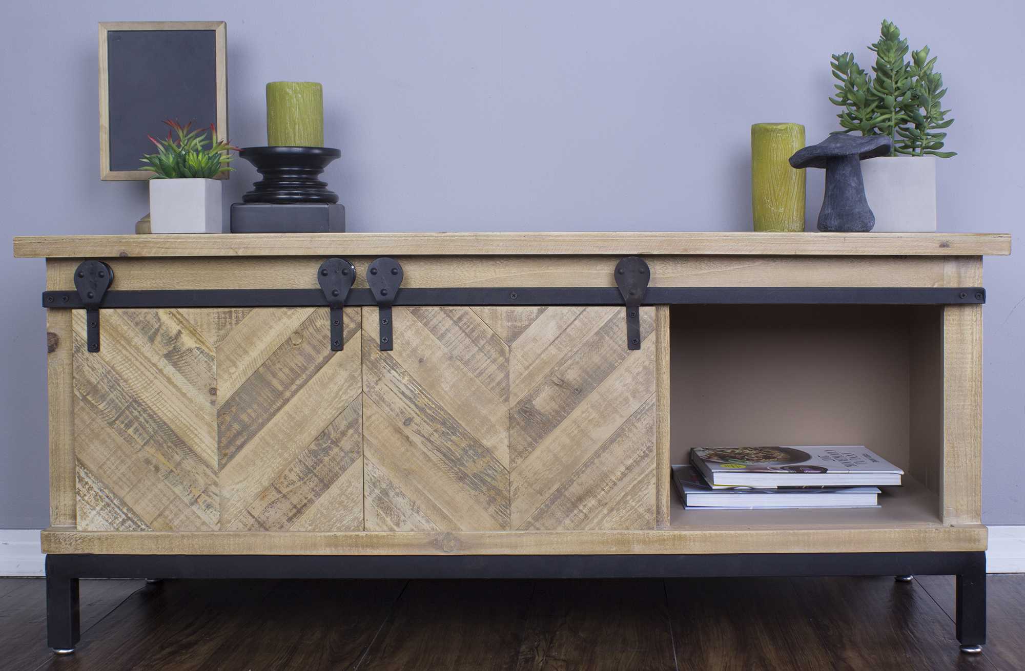 Natural Wood TV Stand with  Doors and  Drawers
