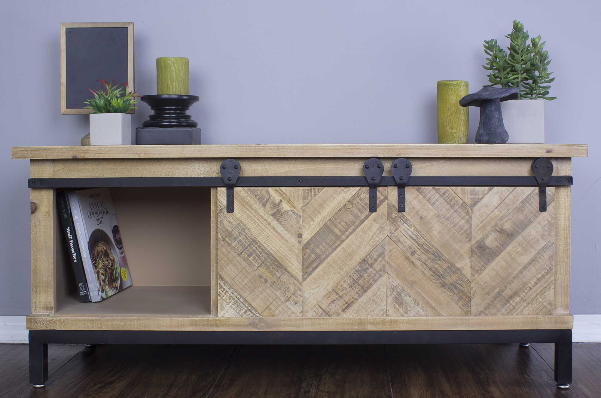 Natural Wood TV Stand with  Doors and  Drawers