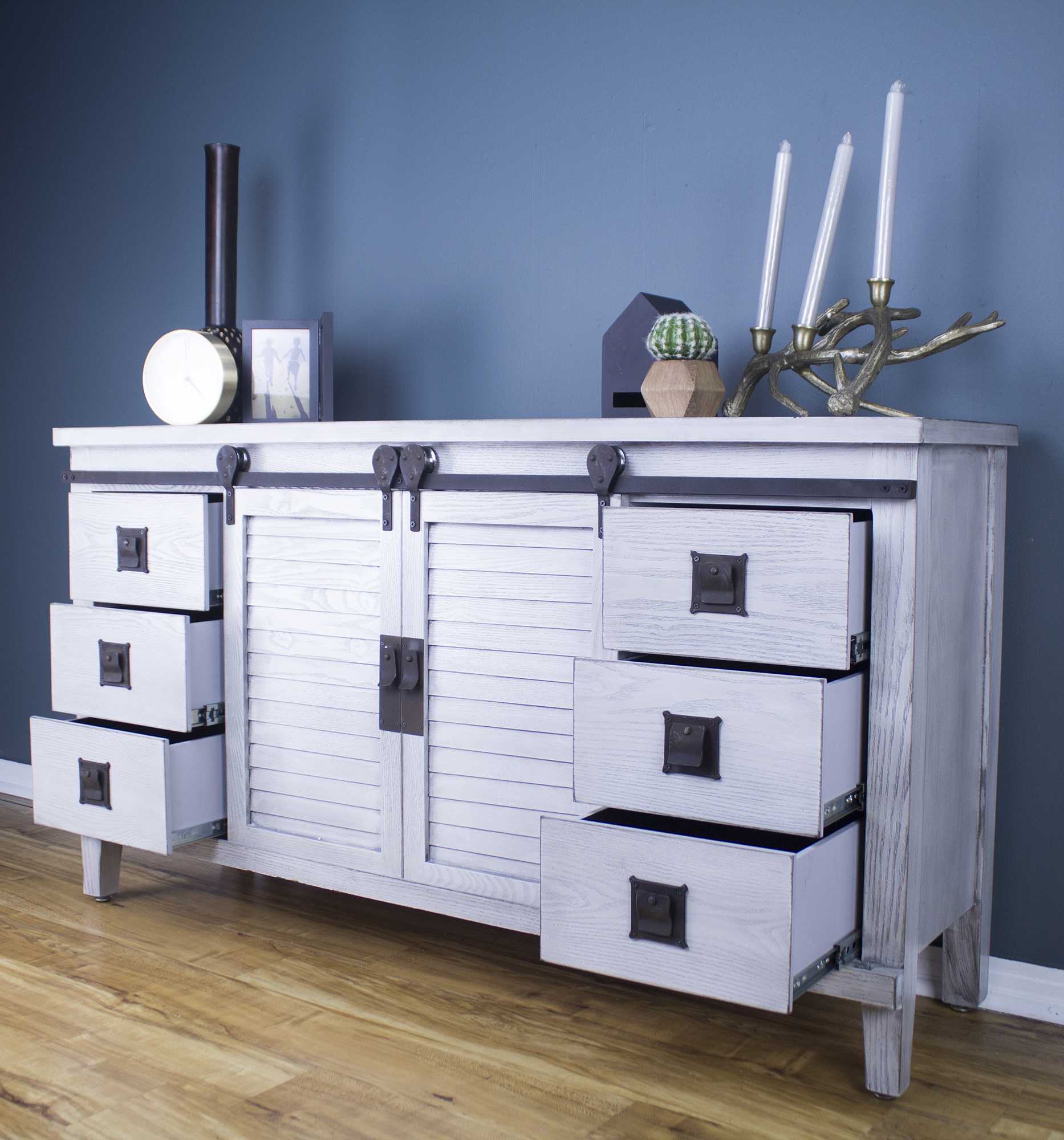 58" X 18" X 34" Distressed Light Grey Iron  Wood  MDF Accent Cabinet with  Doors and  Drawers