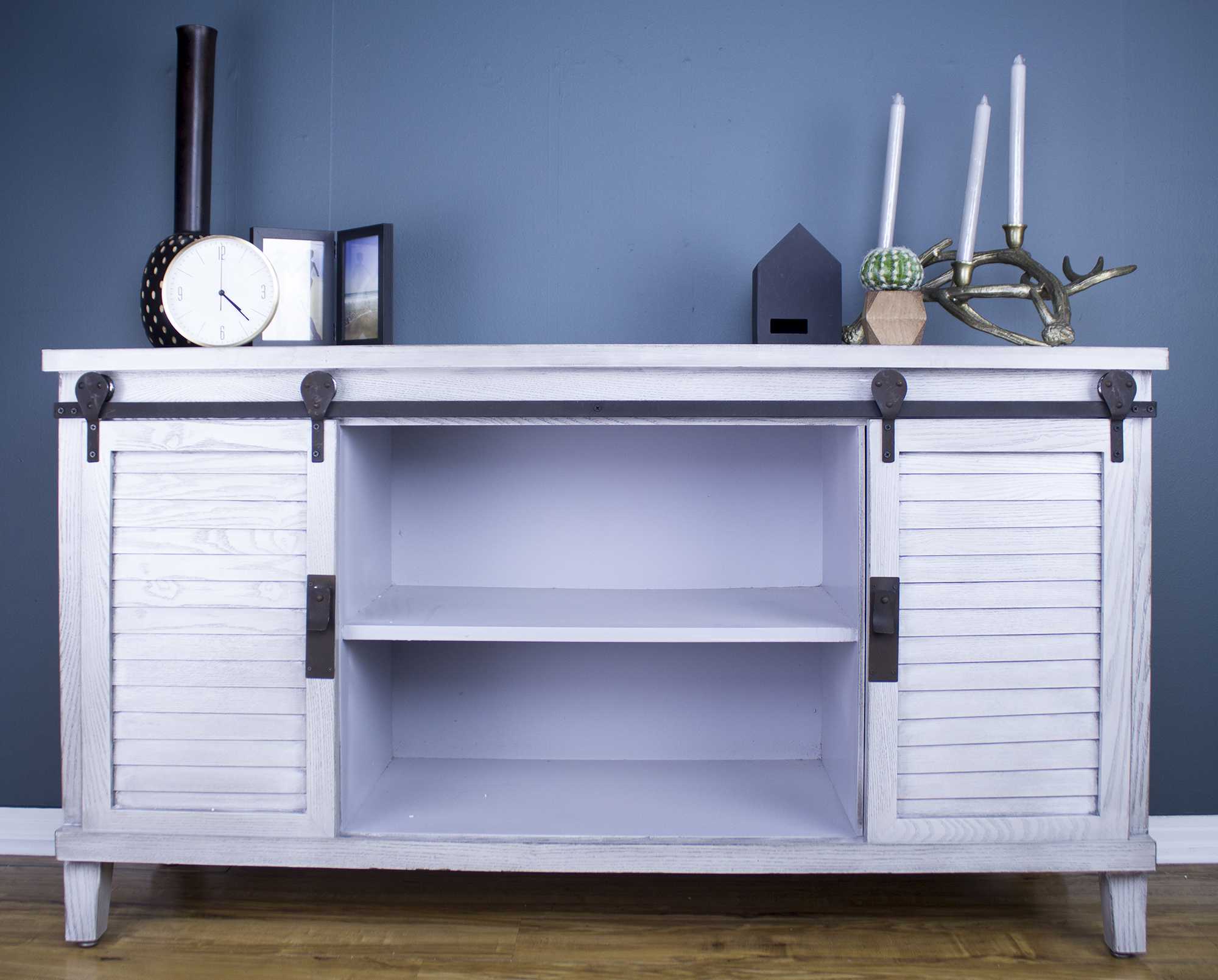 58" X 18" X 34" Distressed Light Grey Iron  Wood  MDF Accent Cabinet with  Doors and  Drawers