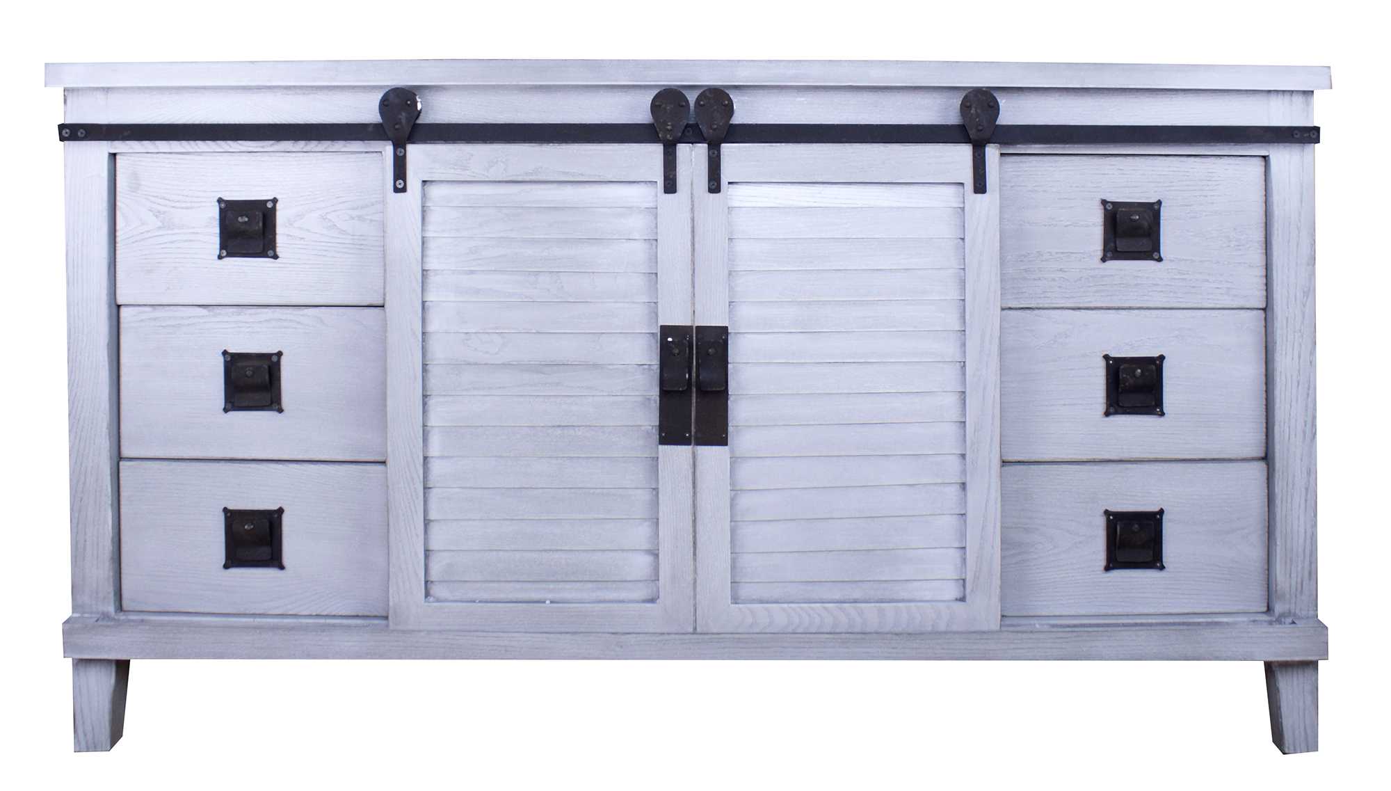 58" X 18" X 34" Distressed Light Grey Iron  Wood  MDF Accent Cabinet with  Doors and  Drawers