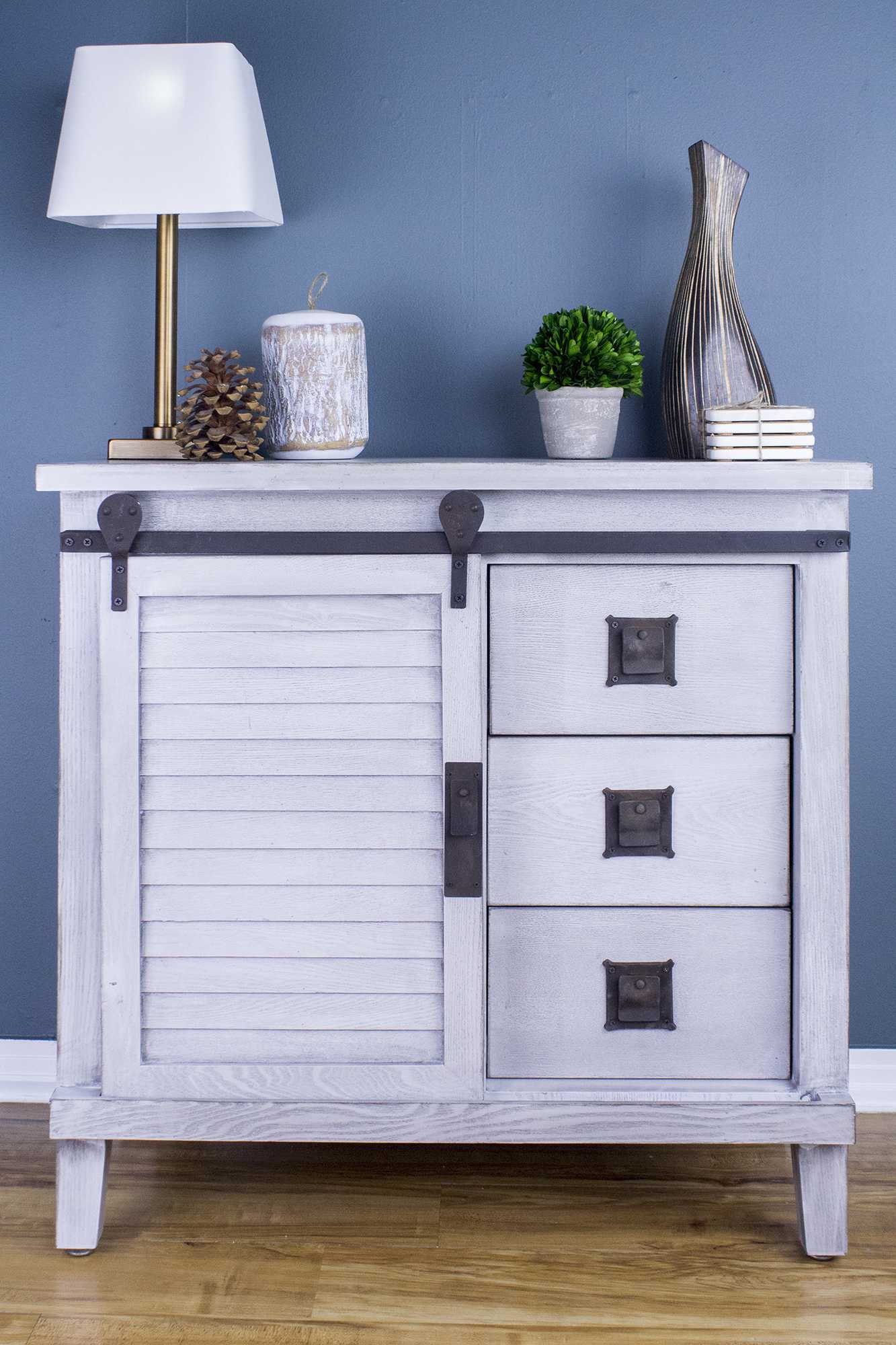 34" X 18" X 34" Distressed Light Grey Iron  Wood  MDF Accent Cabinet with  Door and  Drawers