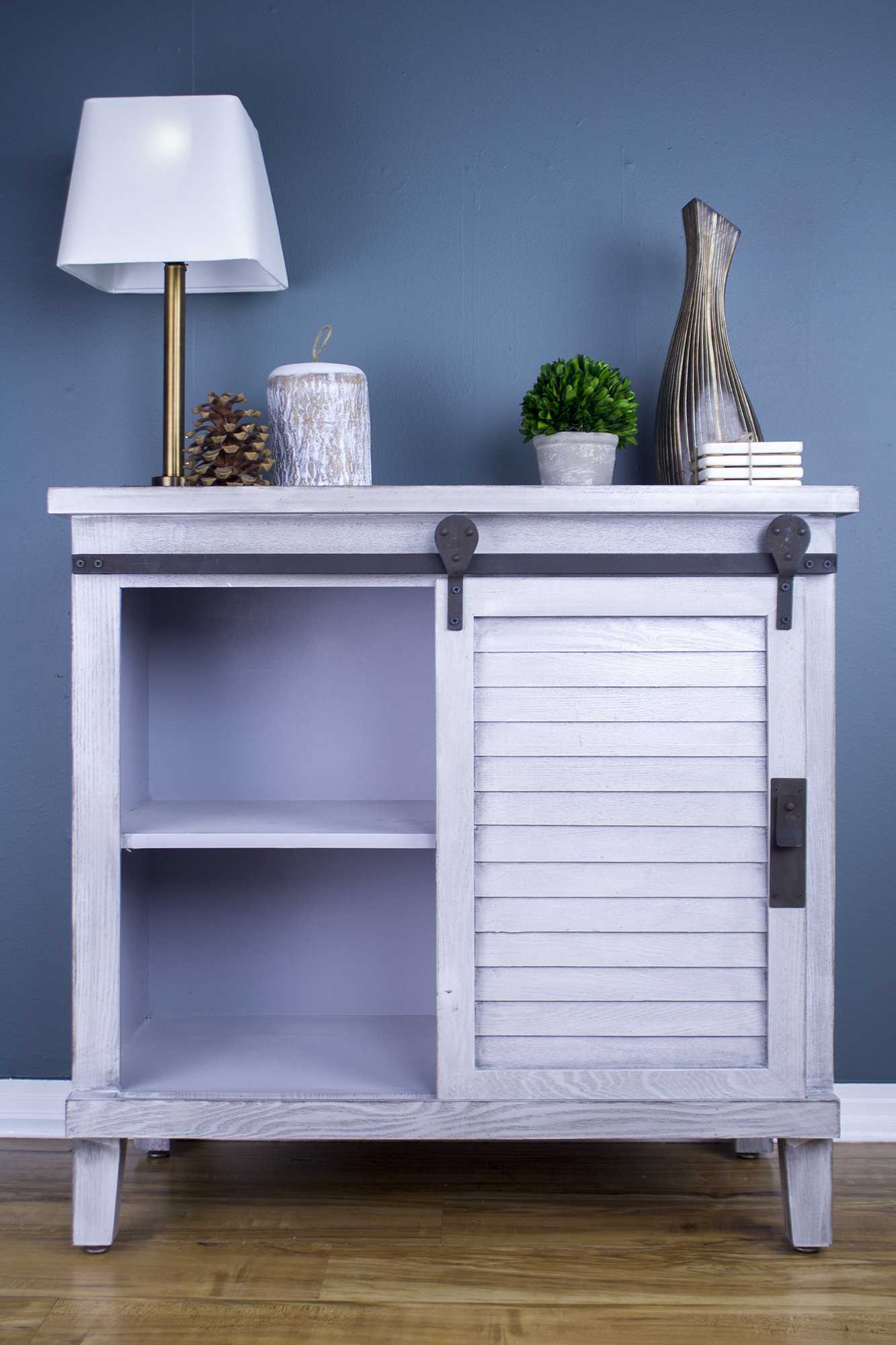 34" X 18" X 34" Distressed Light Grey Iron  Wood  MDF Accent Cabinet with  Door and  Drawers