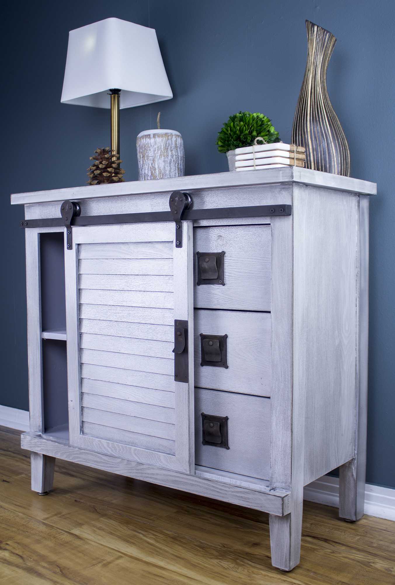 34" X 18" X 34" Distressed Light Grey Iron  Wood  MDF Accent Cabinet with  Door and  Drawers