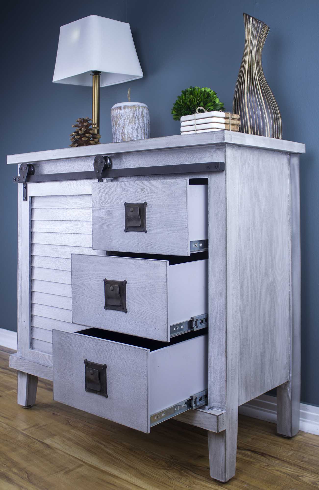 34" X 18" X 34" Distressed Light Grey Iron  Wood  MDF Accent Cabinet with  Door and  Drawers