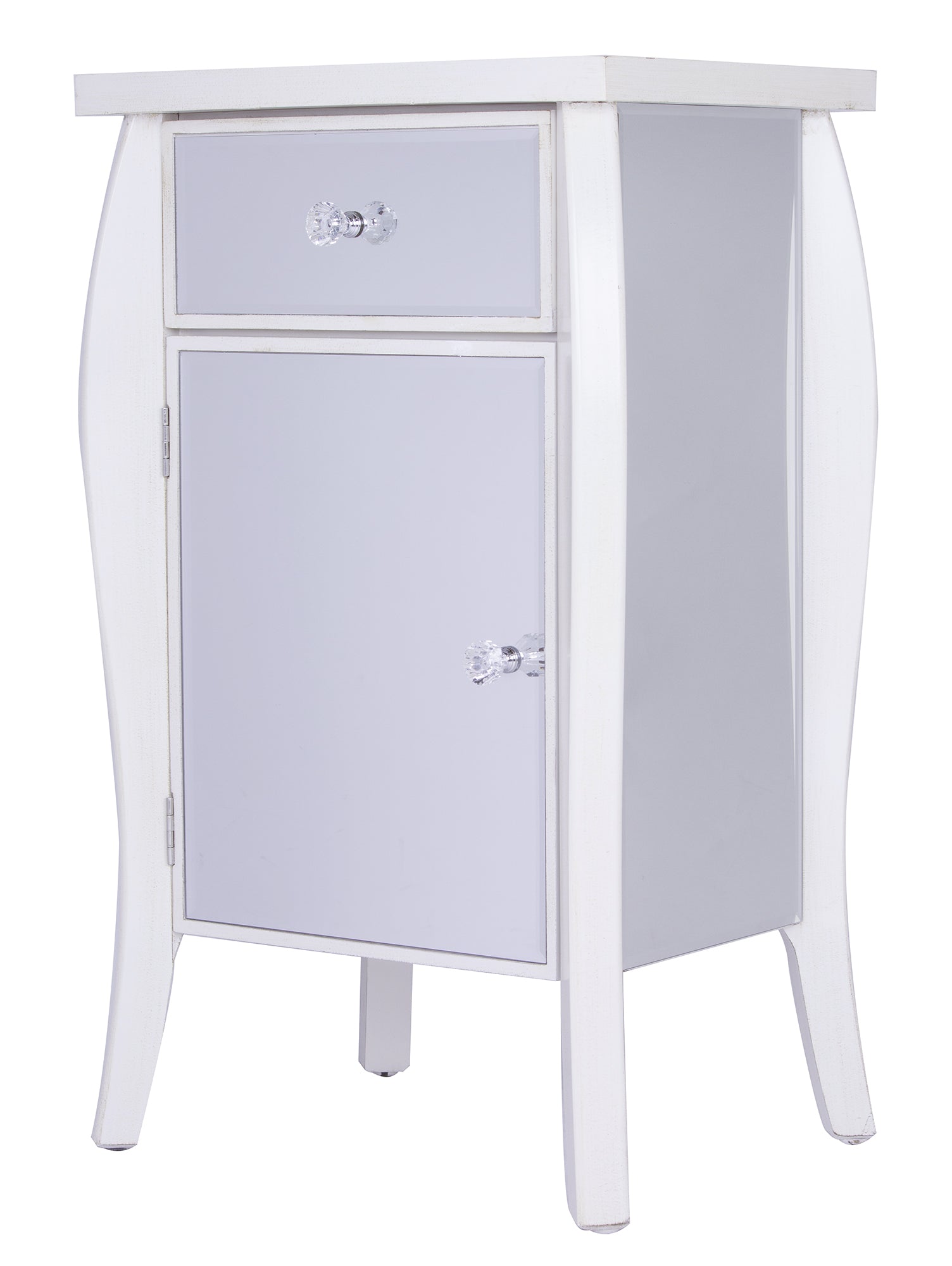 24.75" X 19" X 39.75" Antique White MDF Wood Mirrored Glass Accent Table with Drawer and Door