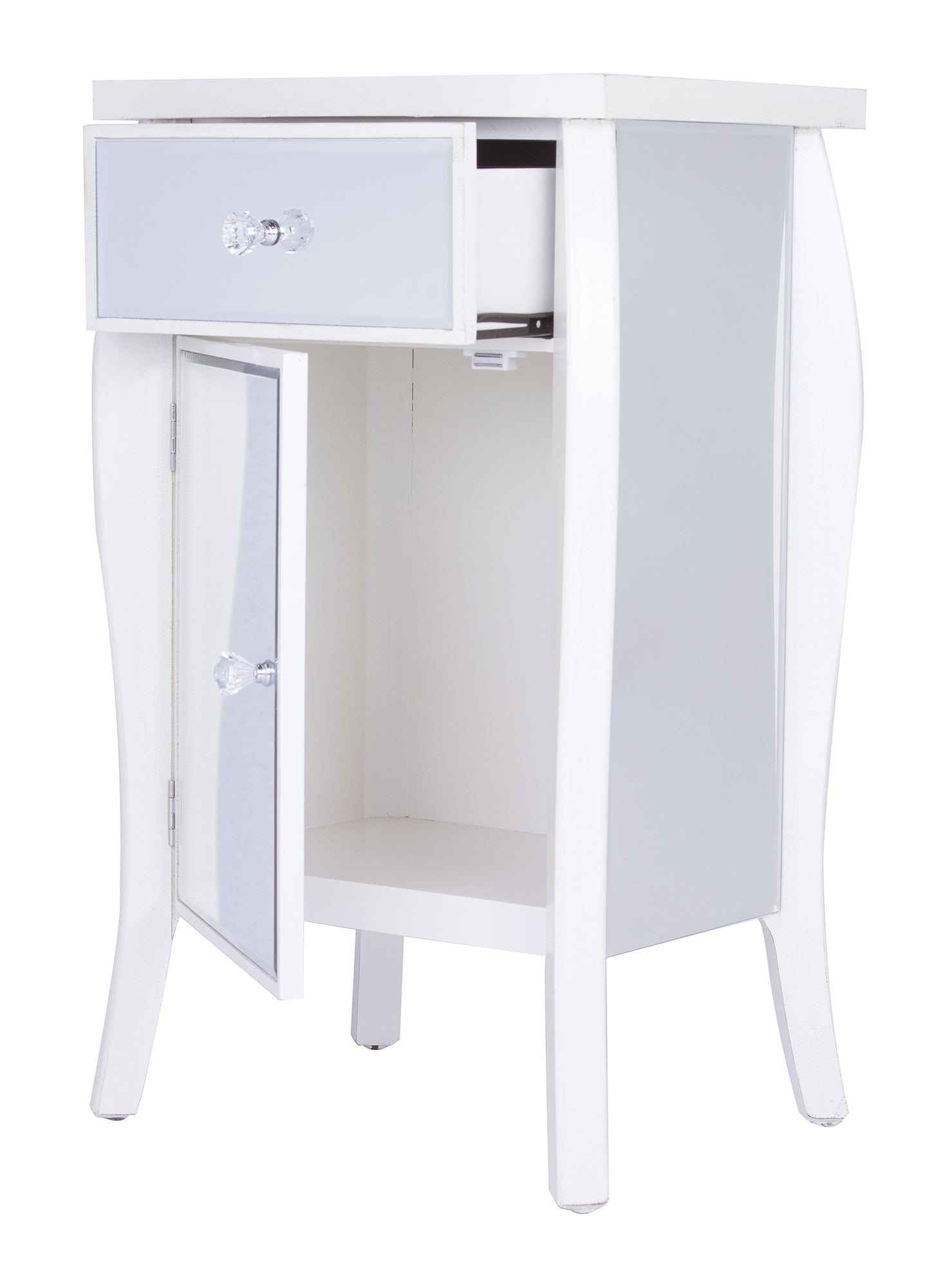 24.75" X 19" X 39.75" Antique White MDF Wood Mirrored Glass Accent Table with Drawer and Door