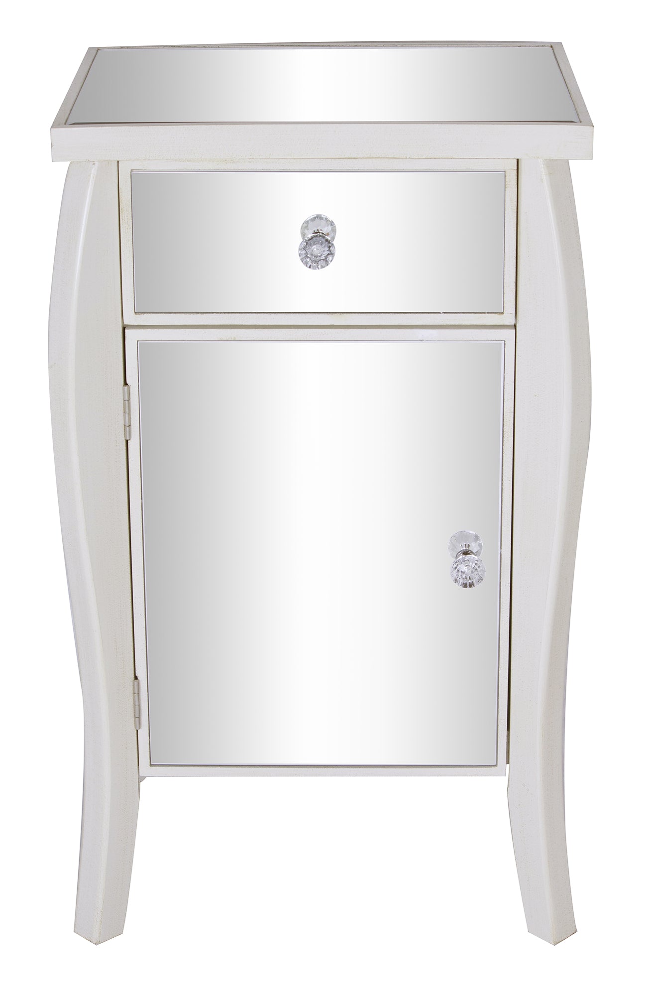 24.75" X 19" X 39.75" Antique White MDF Wood Mirrored Glass Accent Table with Drawer and Door