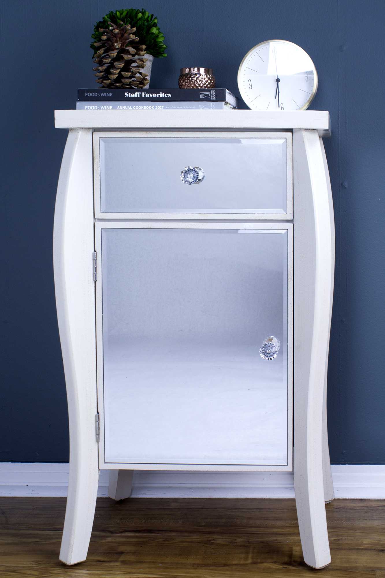 24.75" X 19" X 39.75" Antique White MDF Wood Mirrored Glass Accent Table with Drawer and Door