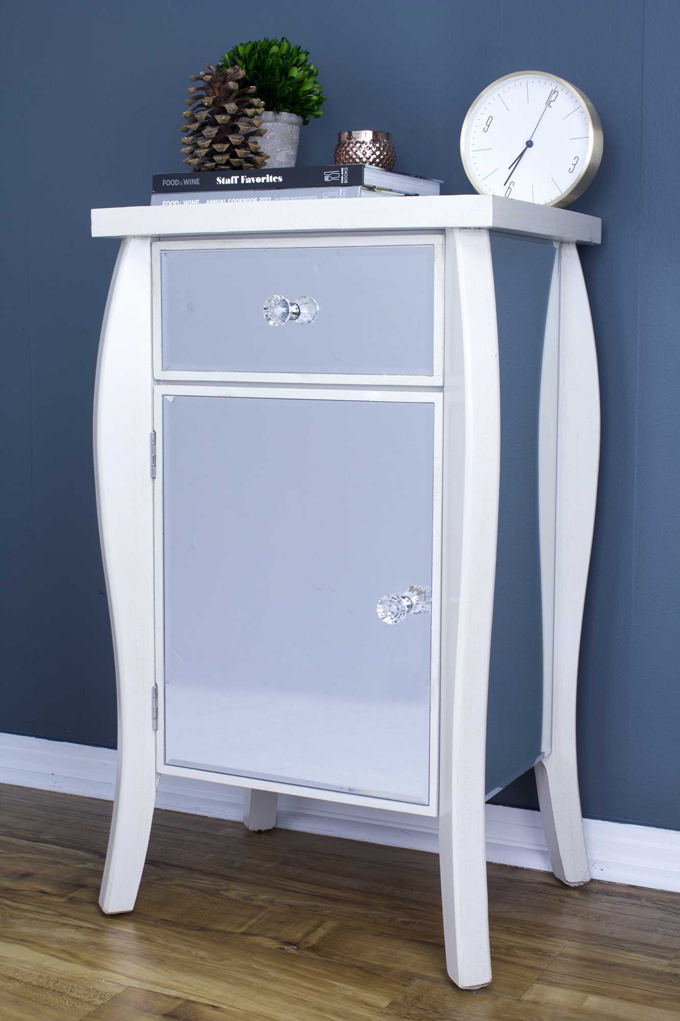 24.75" X 19" X 39.75" Antique White MDF Wood Mirrored Glass Accent Table with Drawer and Door