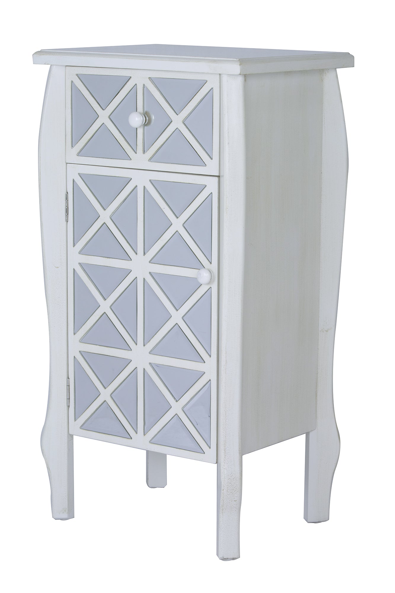 24.75" X 19" X 39.75" Antique White MDF Wood Mirrored Glass Accent Cabinet with Mirrored Drawer and Door
