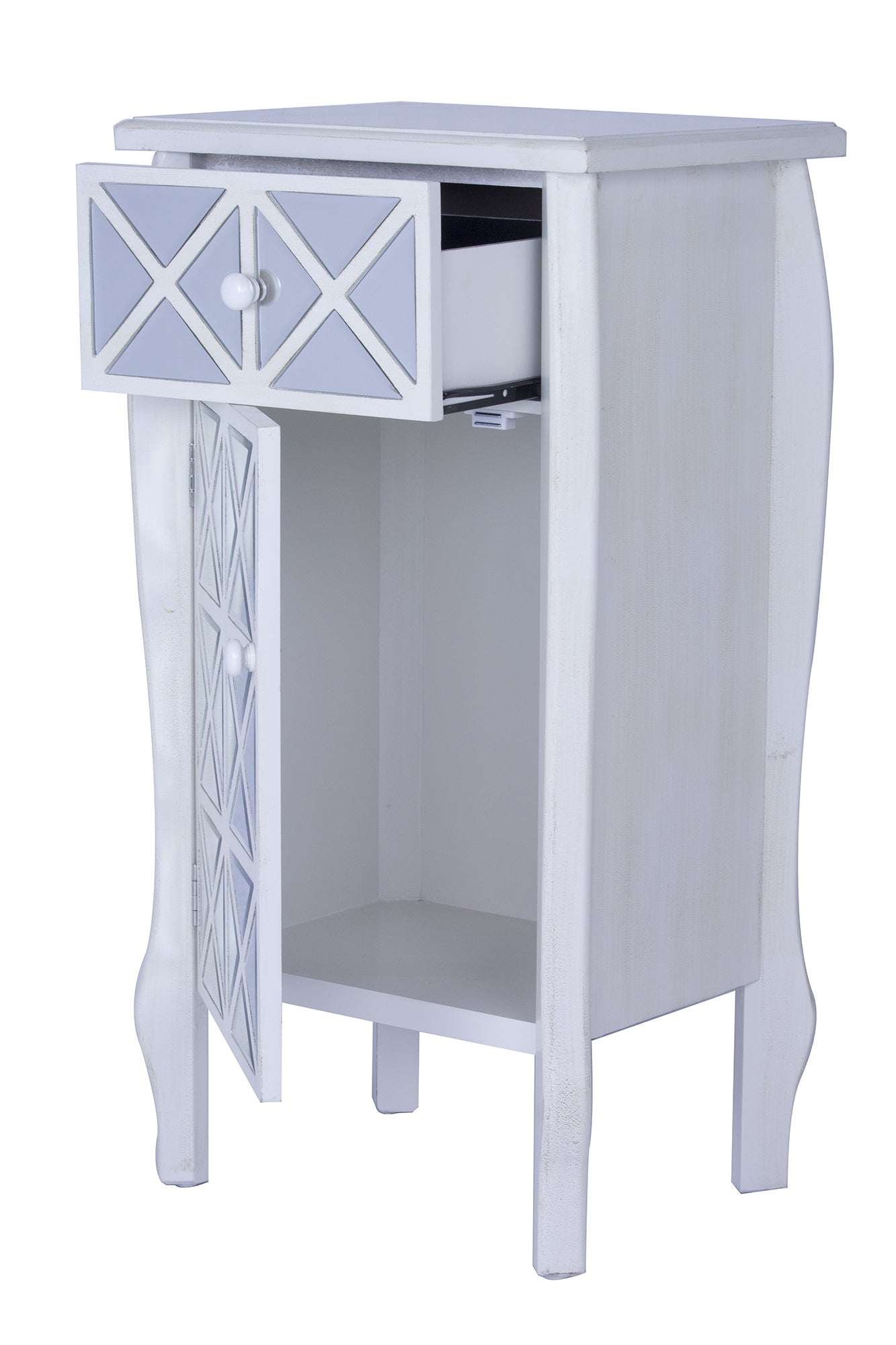 24.75" X 19" X 39.75" Antique White MDF Wood Mirrored Glass Accent Cabinet with Mirrored Drawer and Door