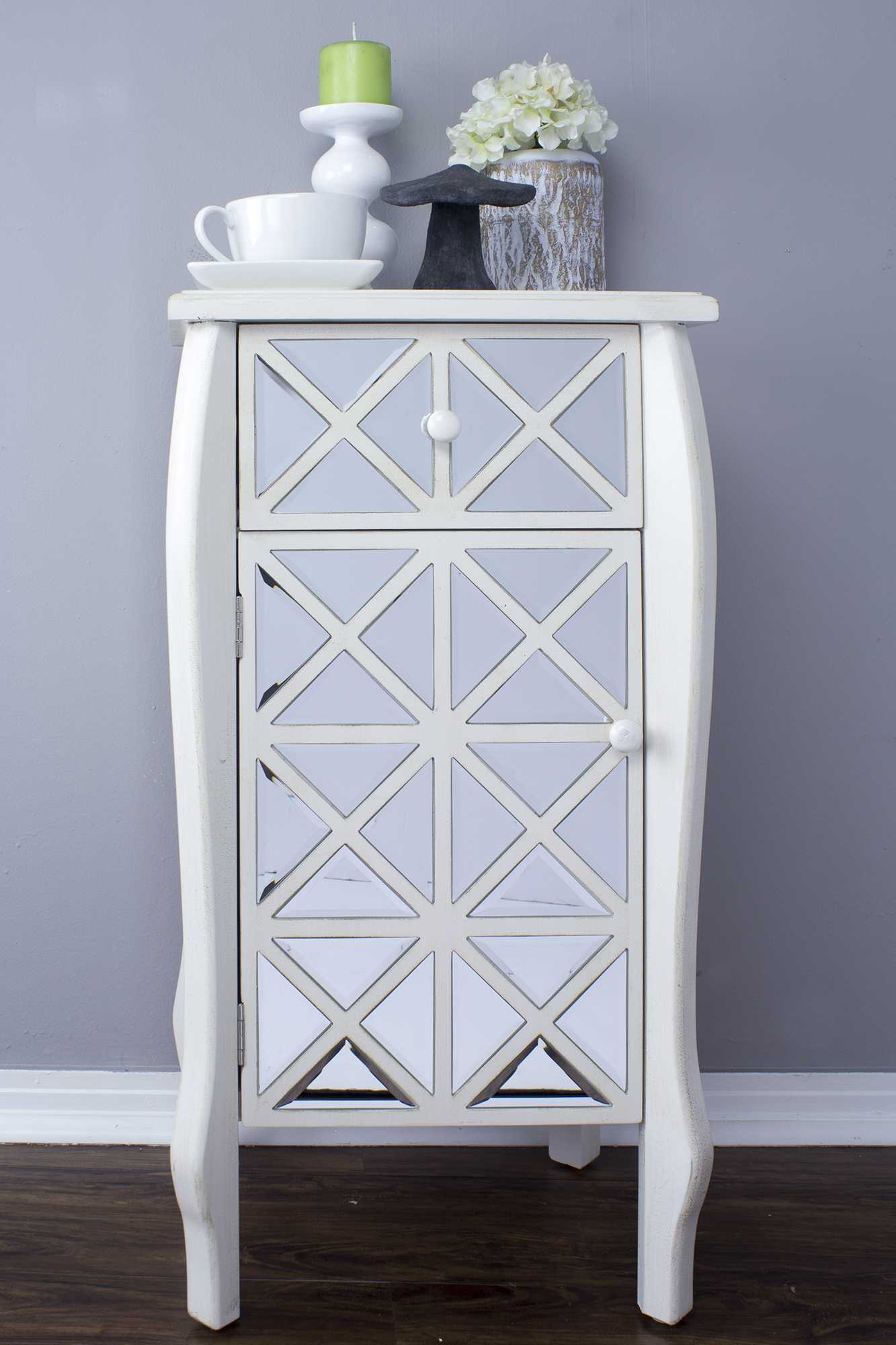 24.75" X 19" X 39.75" Antique White MDF Wood Mirrored Glass Accent Cabinet with Mirrored Drawer and Door