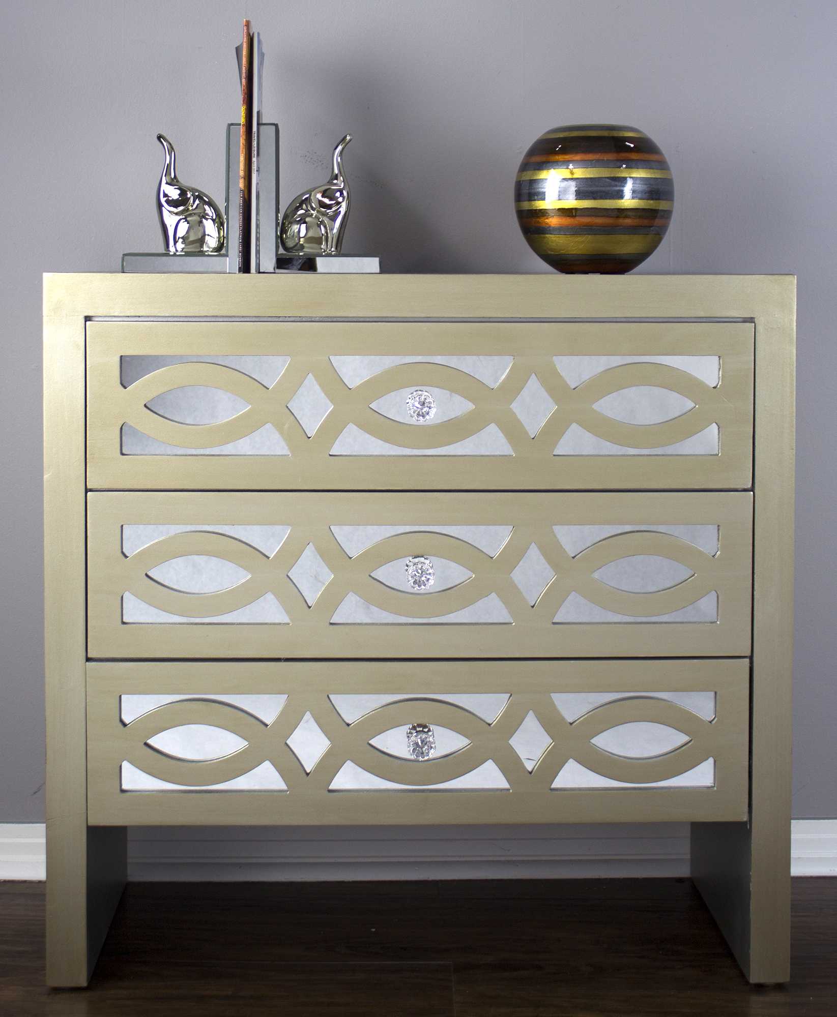 Champagne MDF Wood Mirrored Glass Cabinet with  Drawers with Mirror Accents and Carved Front